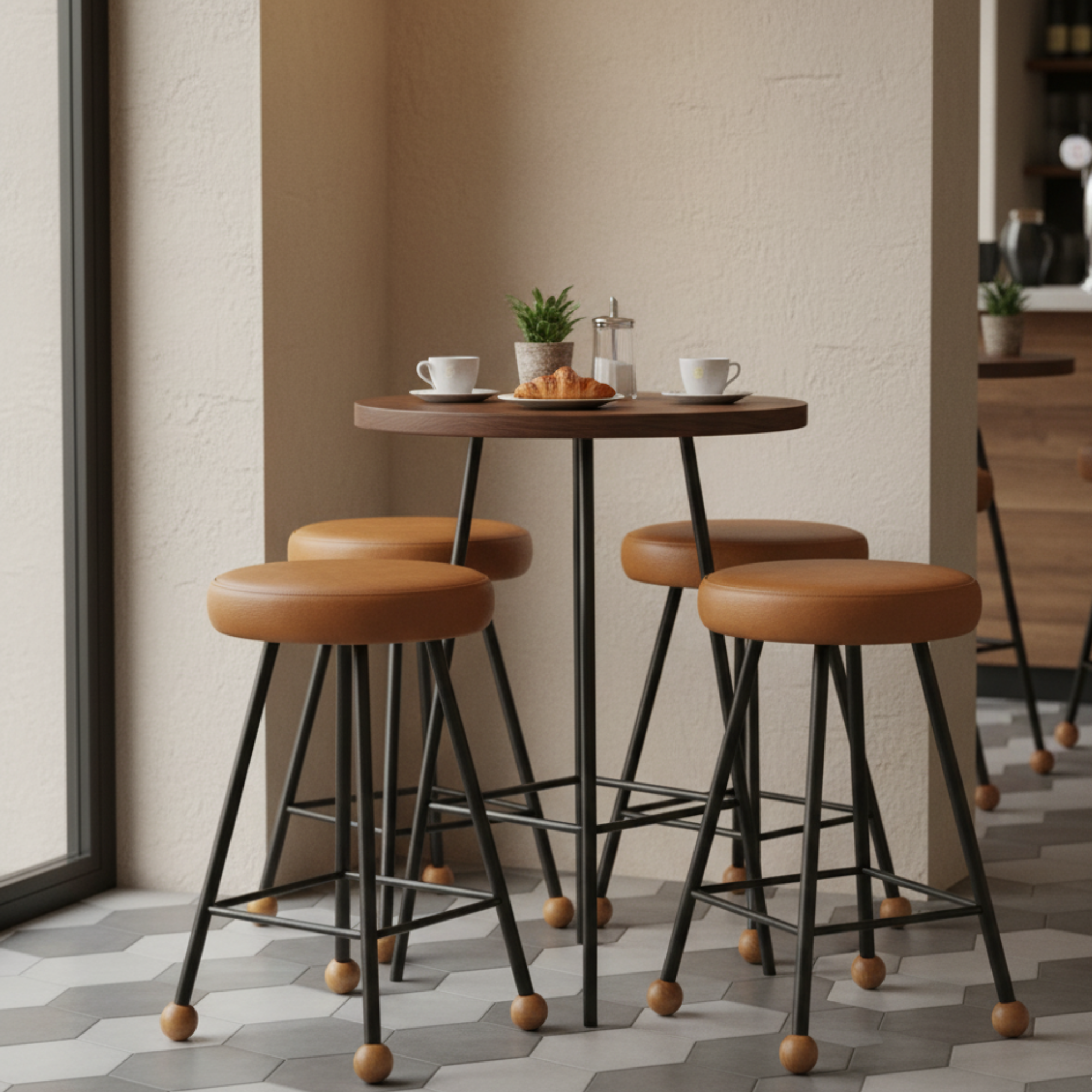 Tabure Deri Döşemeli Kahverengi Metal Ayaklı – 47cm