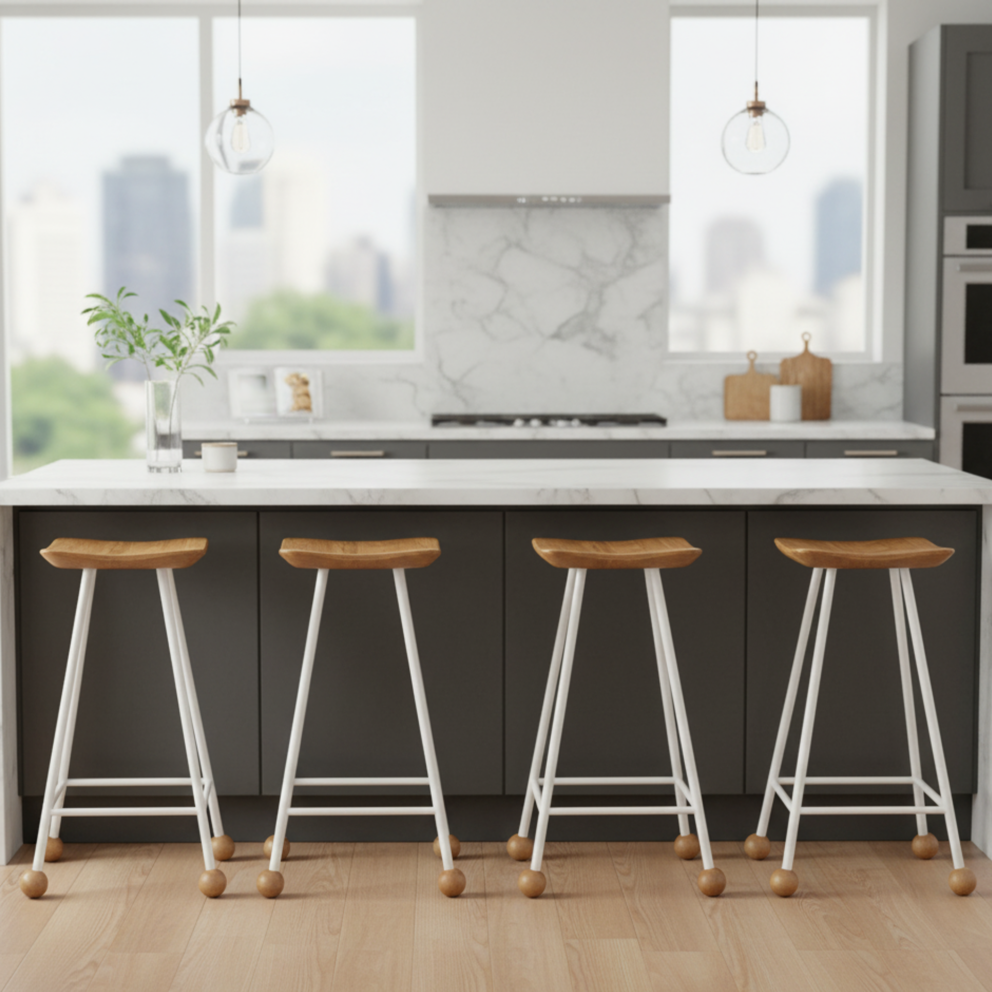 Bar Taburesi Ahşap Beyaz Metal Ayaklı – 65cm