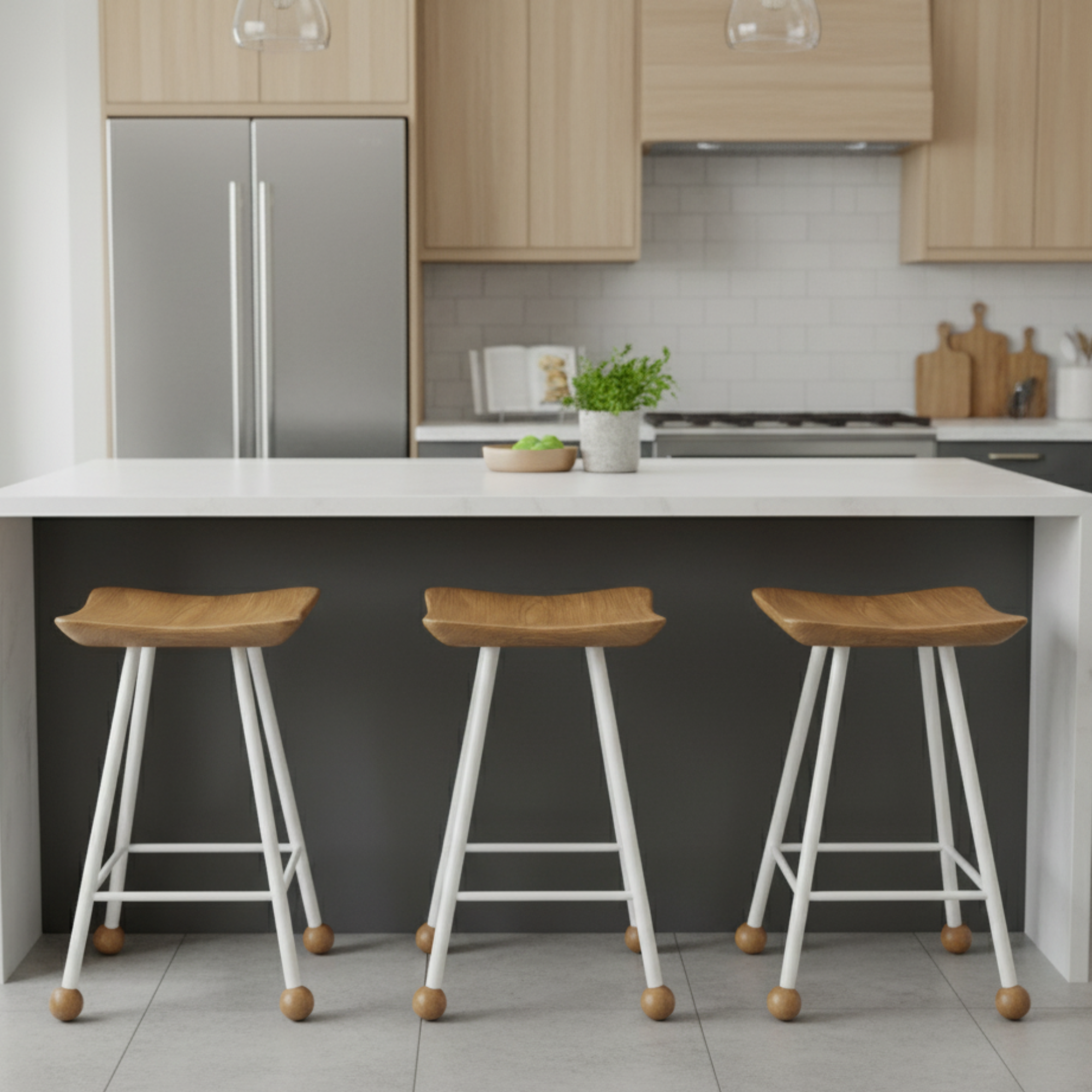 Tabure Ahşap Beyaz Metal Ayaklı – 47cm