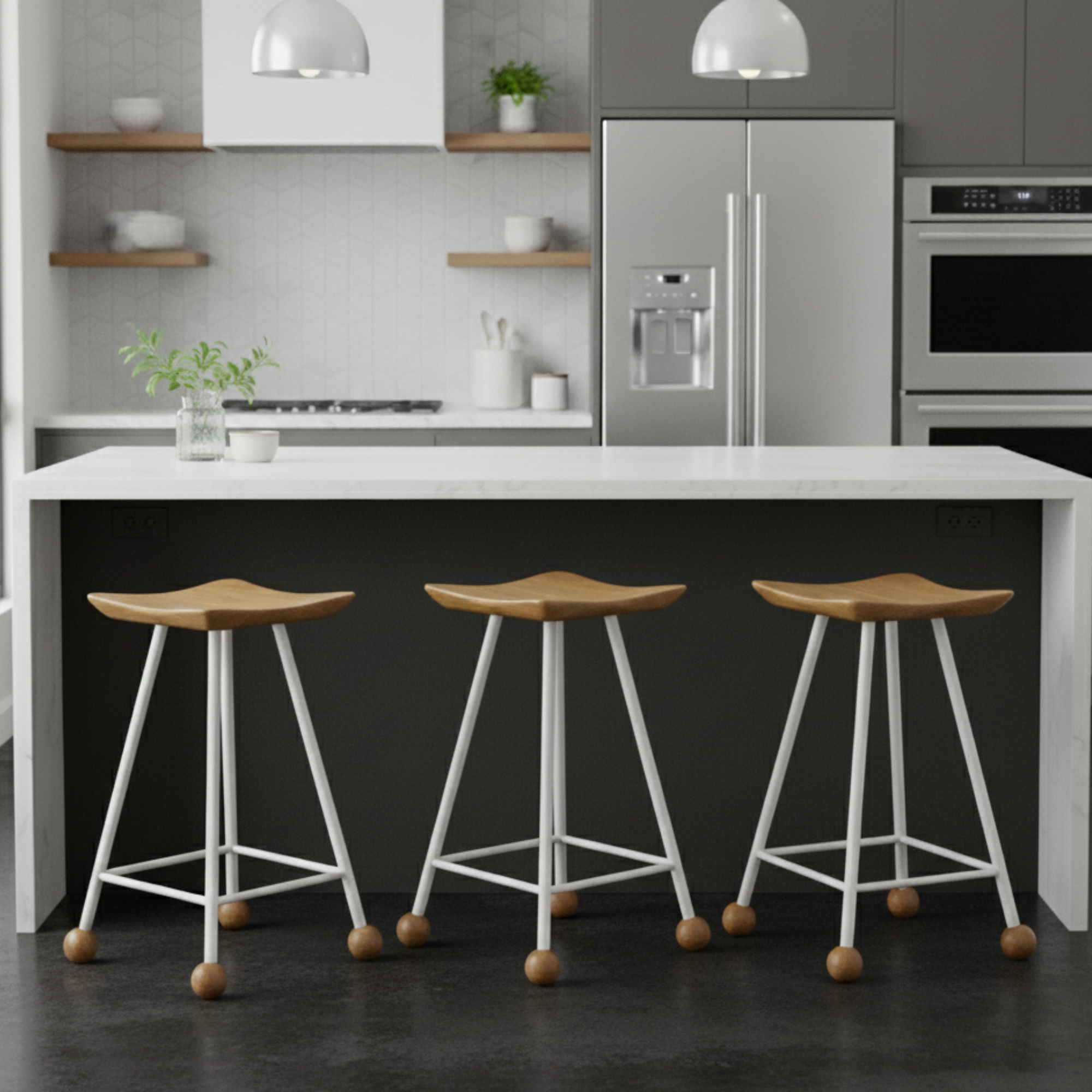 Tabure Ahşap Beyaz Metal Ayaklı – 55cm