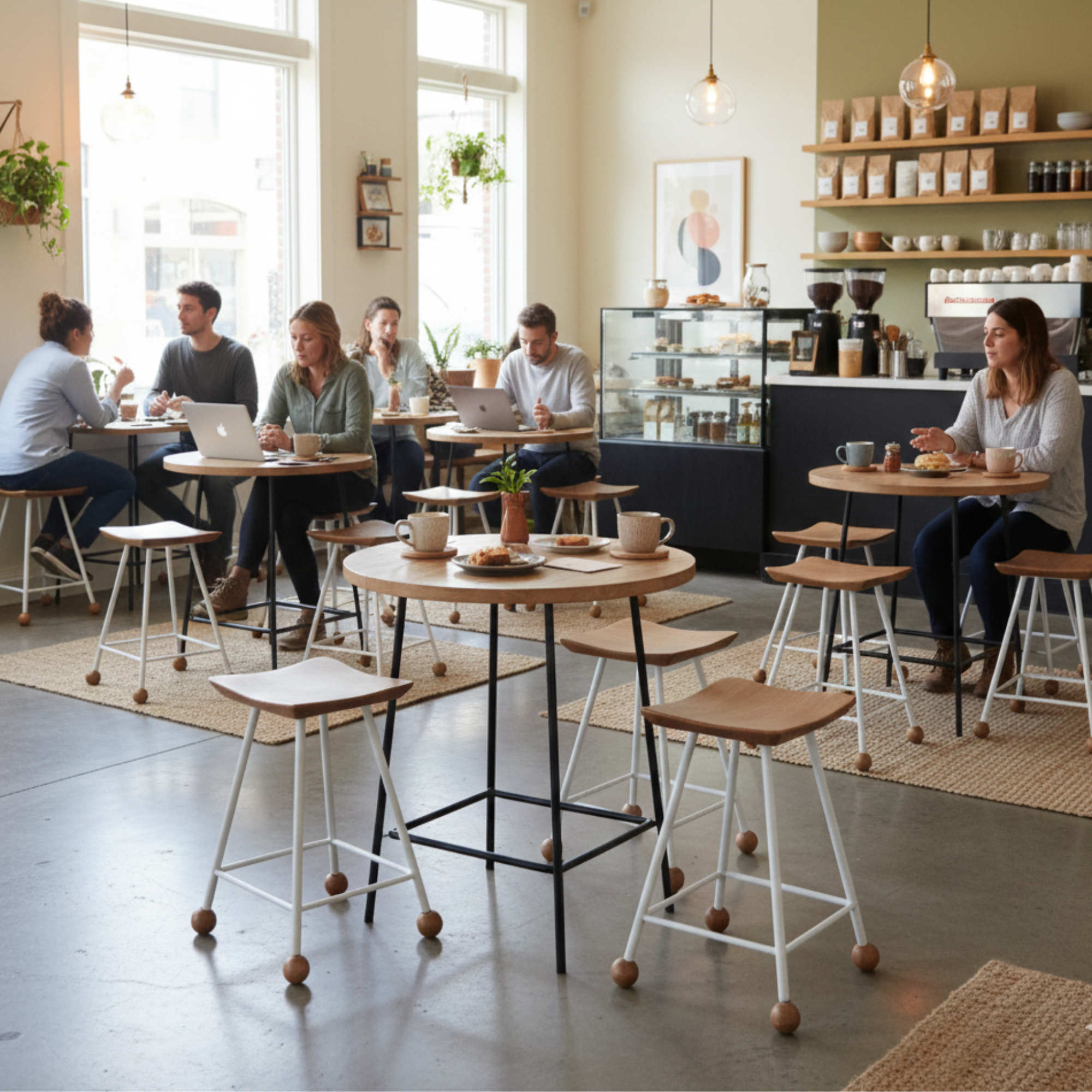 Tabure Ahşap Beyaz Metal Ayaklı – 55cm