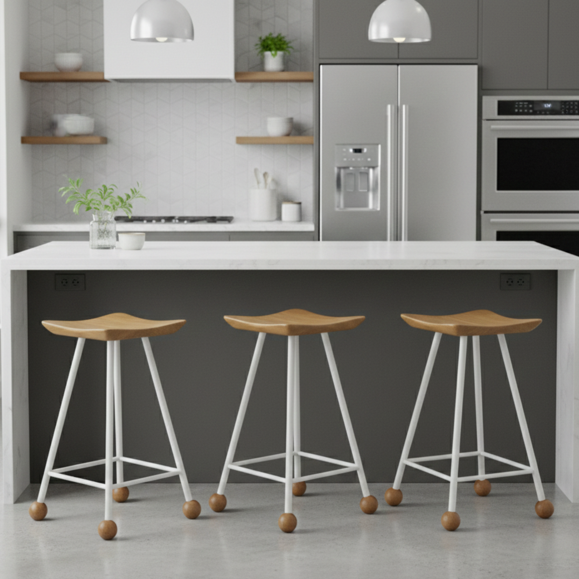 Tabure Ahşap Beyaz Metal Ayaklı – 55cm