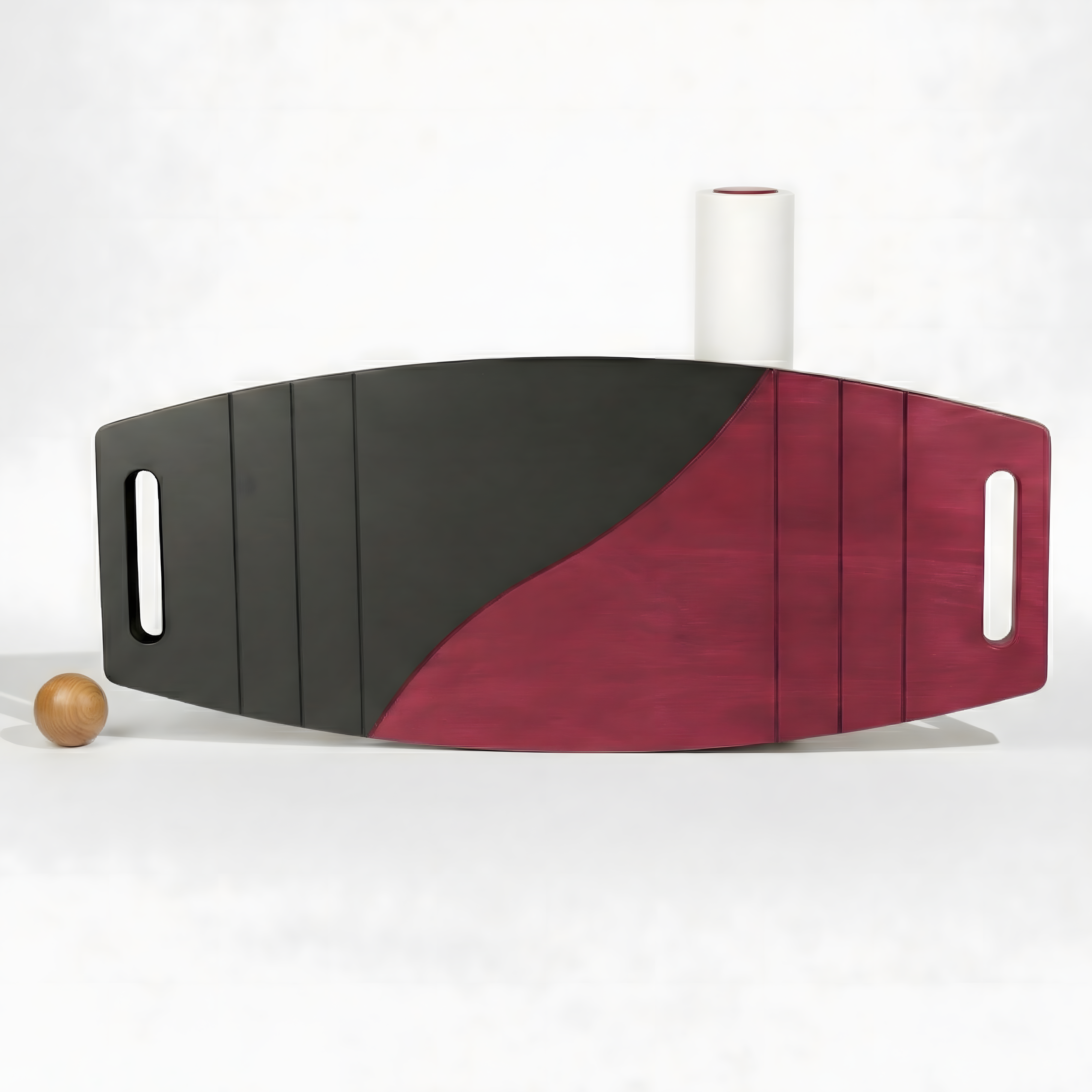 Siyah ve kırmızı renkli, çift fonksiyonlu ahşap roller board ve 3D denge topu seti.