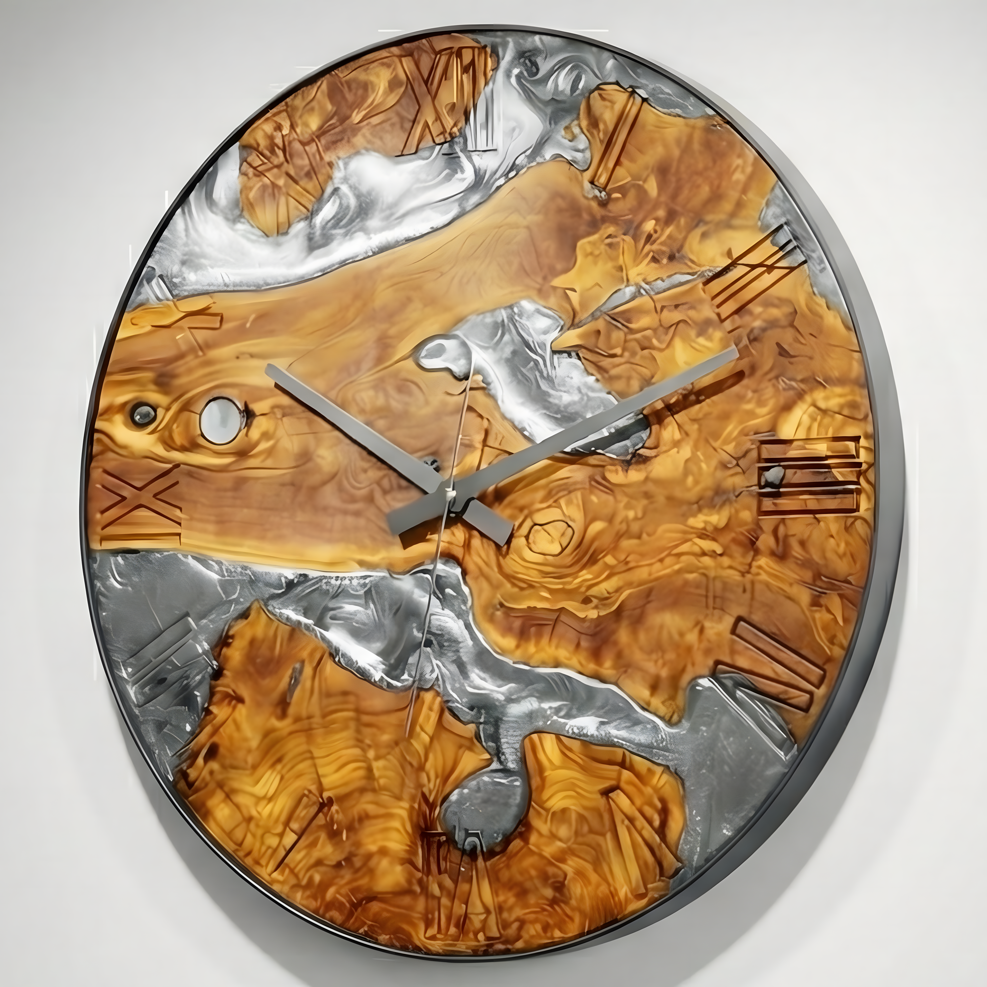 Duvar Saati Zeytin Ağacı Gümüş Epoxy Metal Çemberli Ø 48cm