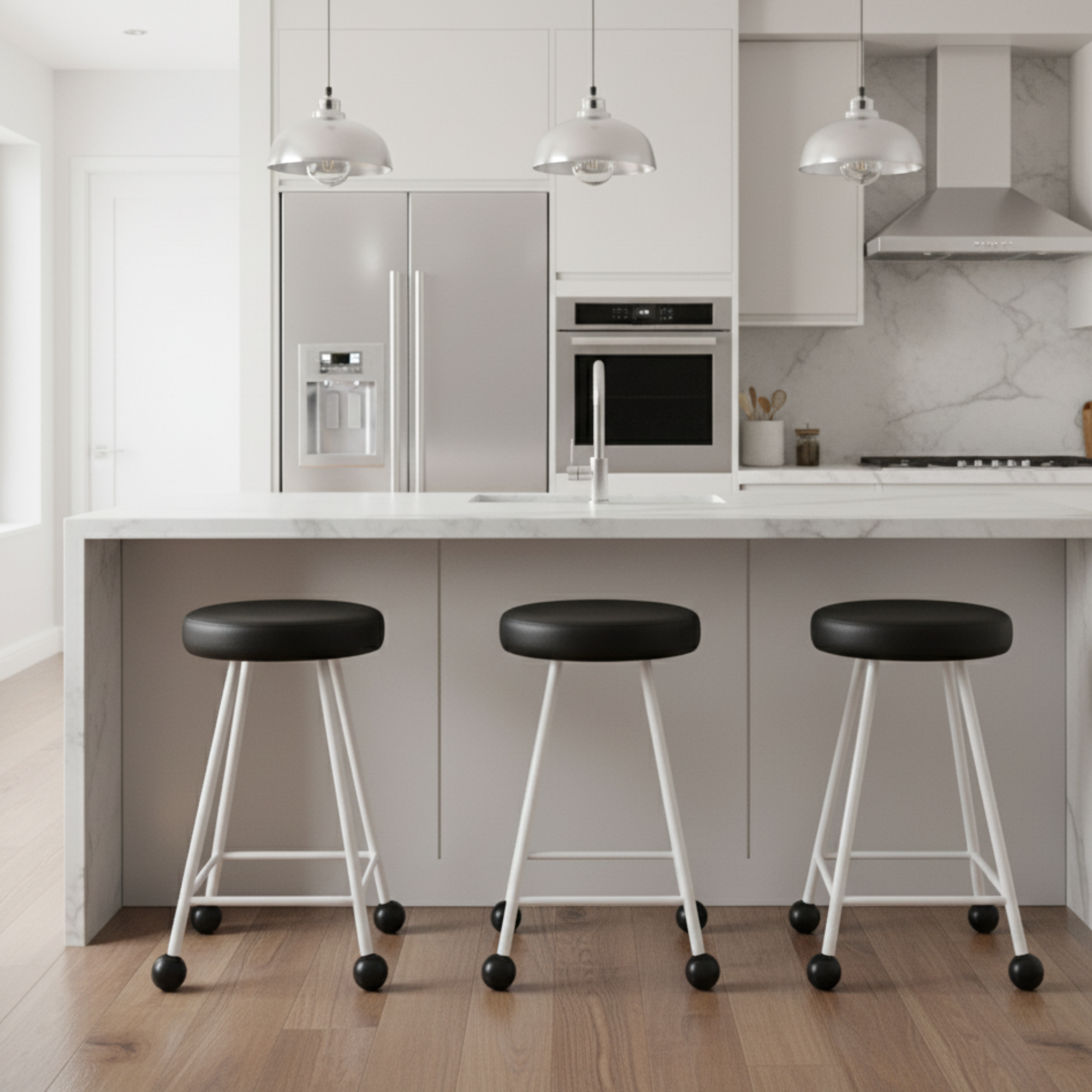 Tabure Deri Döşemeli Siyah Beyaz Metal Ayaklı – 55cm