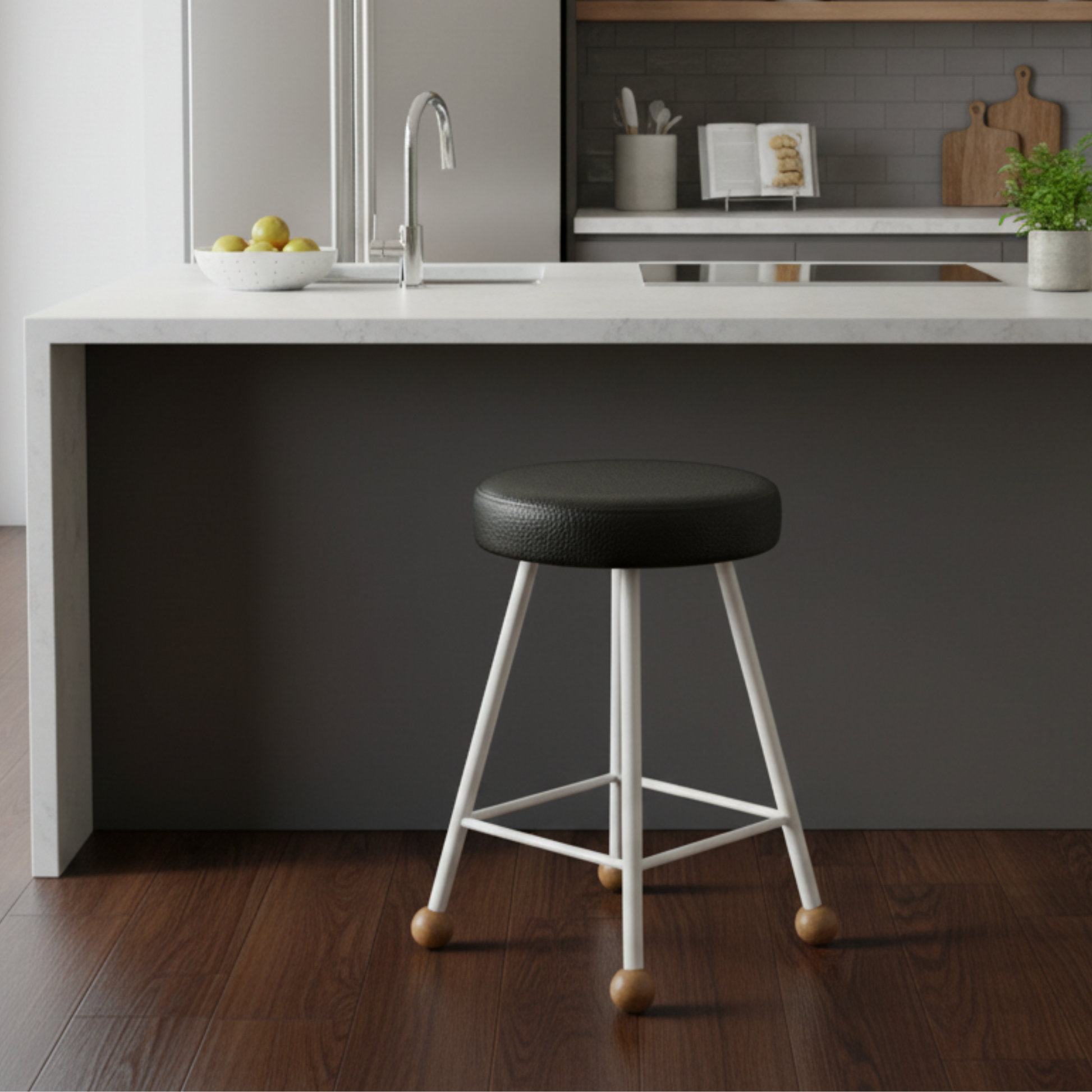 Tabure Deri Döşemeli Beyaz Metal Ayaklı – 47cm