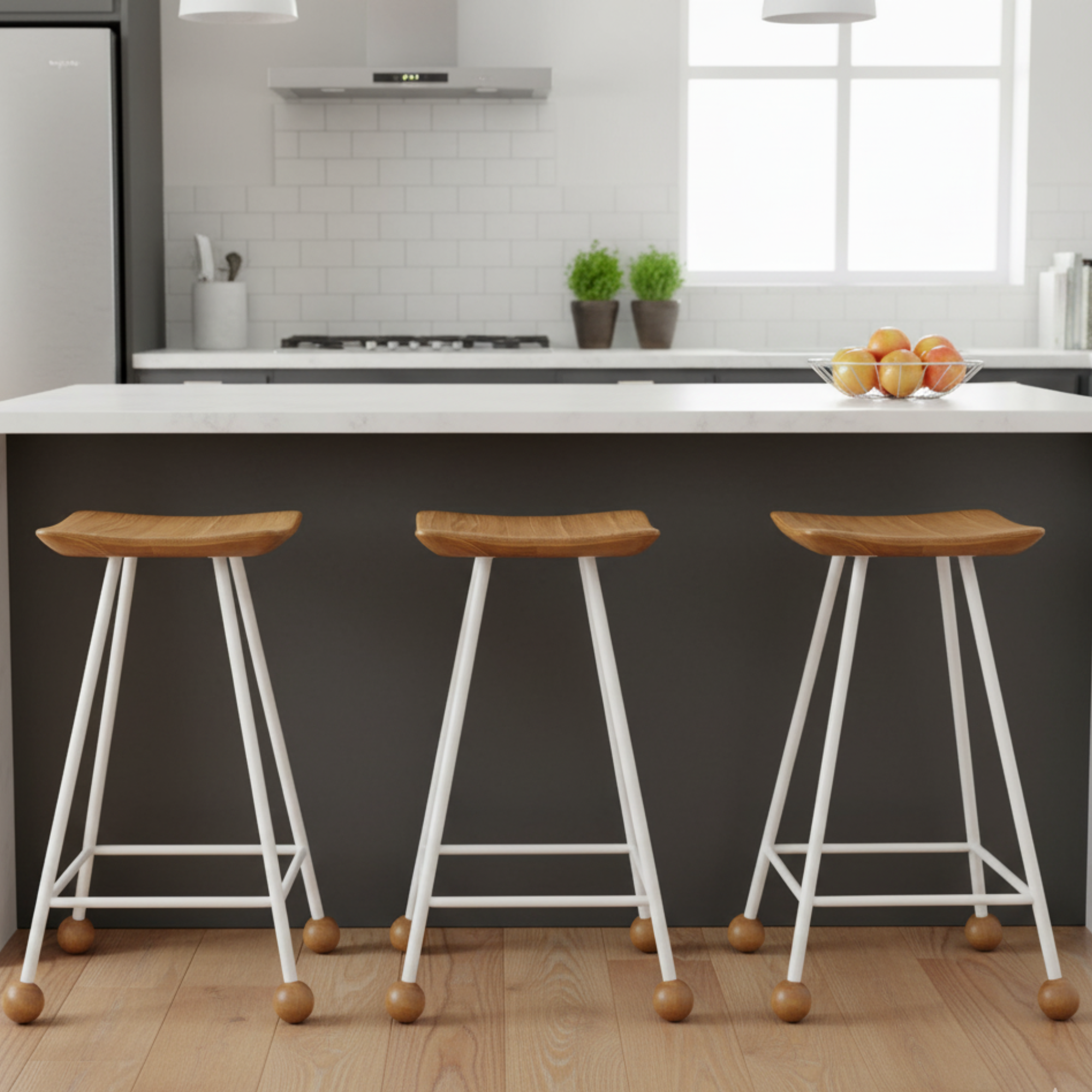 Bar Taburesi Ahşap Beyaz Metal Ayaklı – 65cm