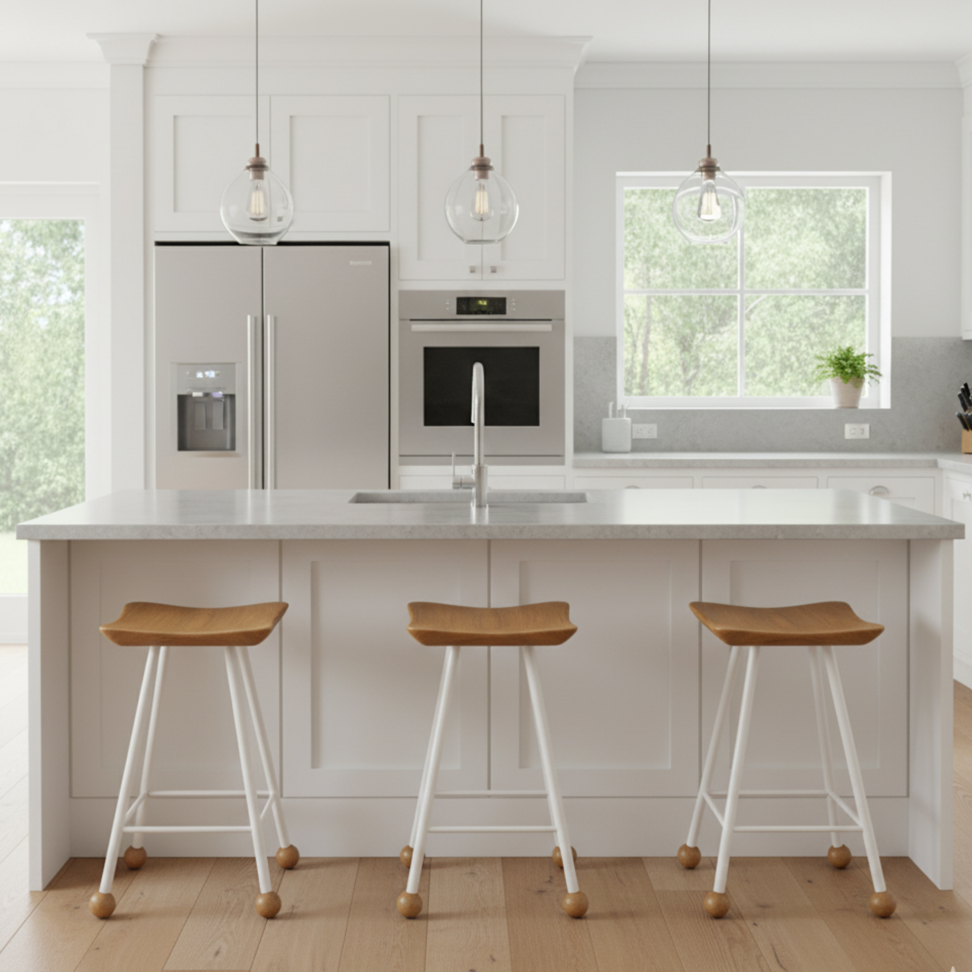 Tabure Ahşap Beyaz Metal Ayaklı – 47cm