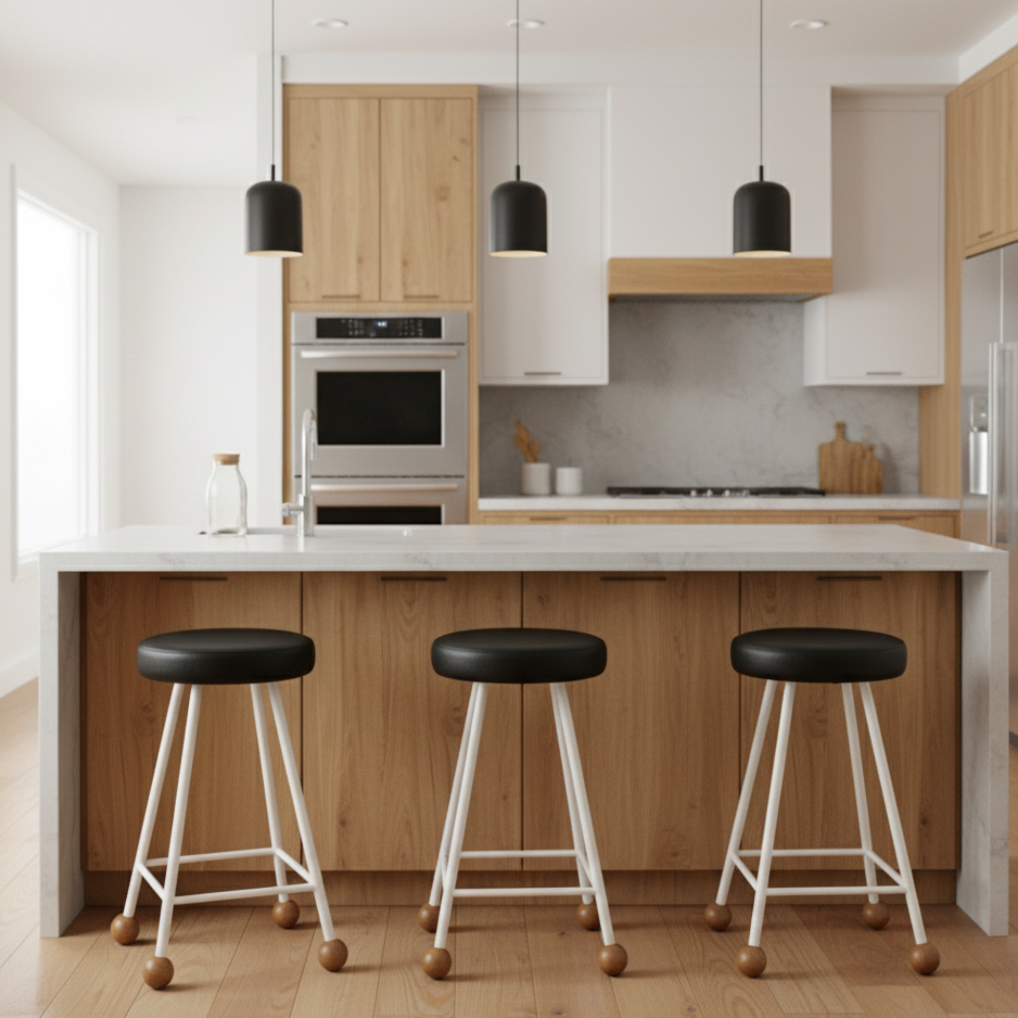 Tabure Deri Döşemeli Beyaz Metal Ayaklı – 55cm