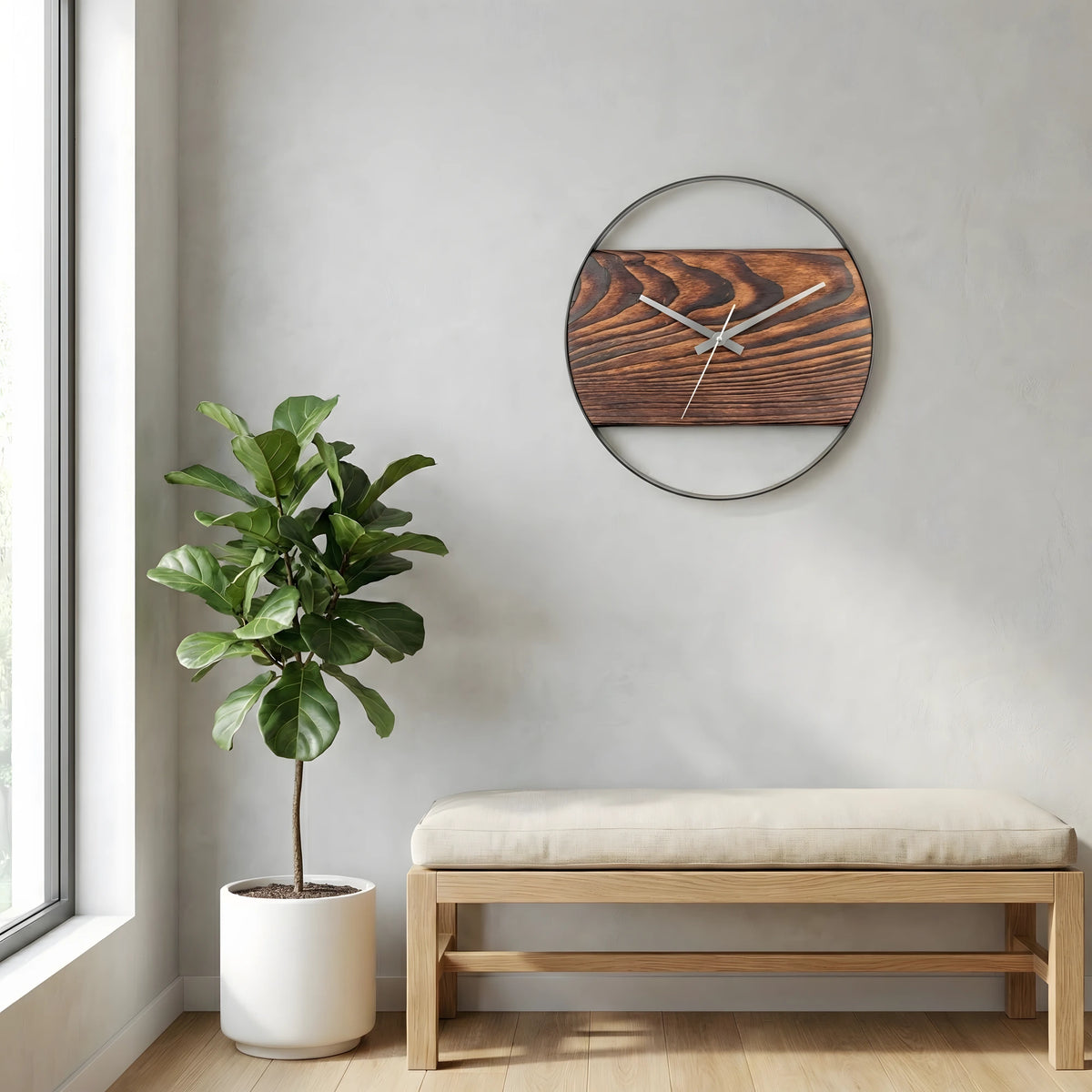 Shou Sugi Ban El Yapımı Ceviz Renk Köknar Ahşap Duvar Saati (48 cm)