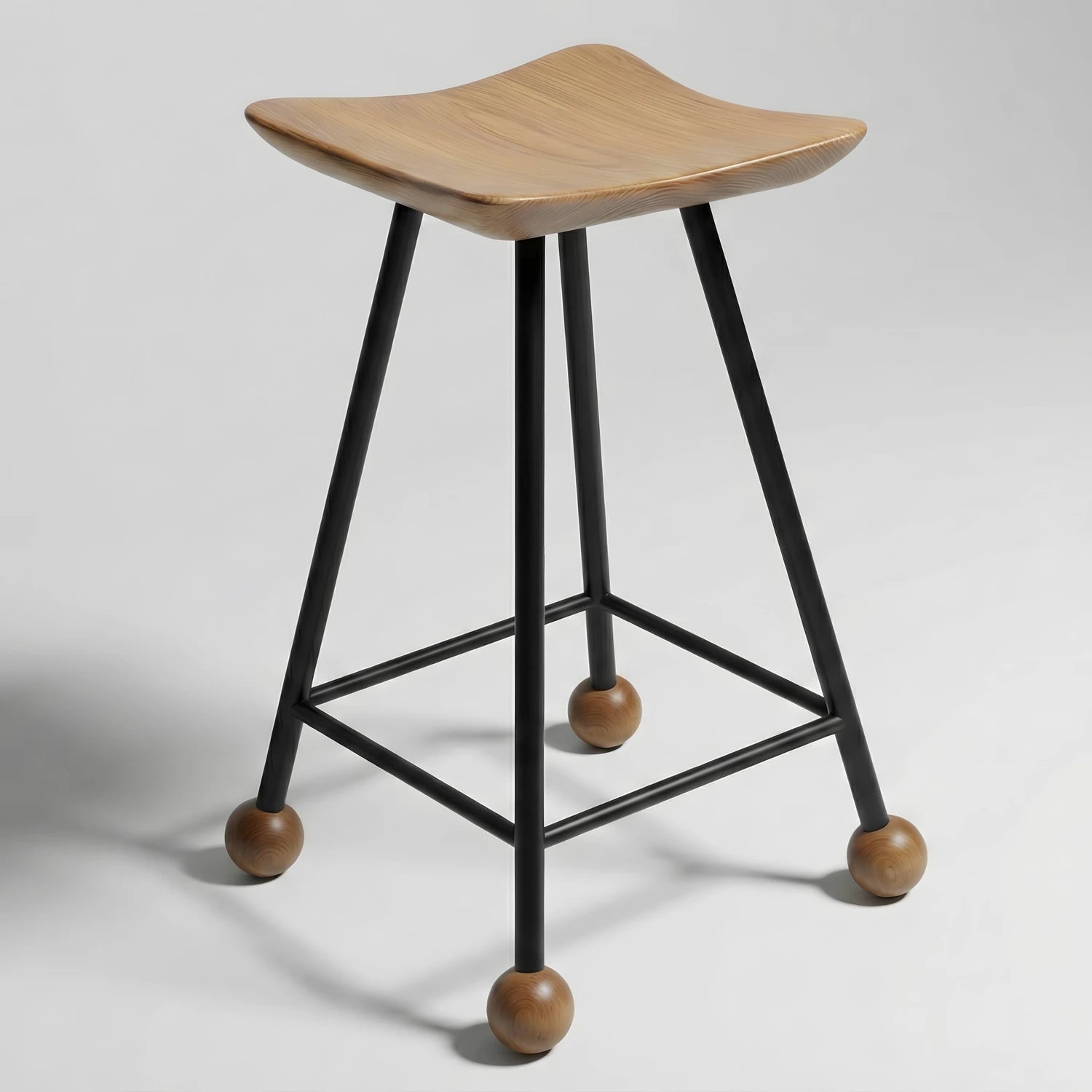 Doğal Ahşap Mutfak ve Makyaj Masası Taburesi - 55 cm Metal Ayaklı