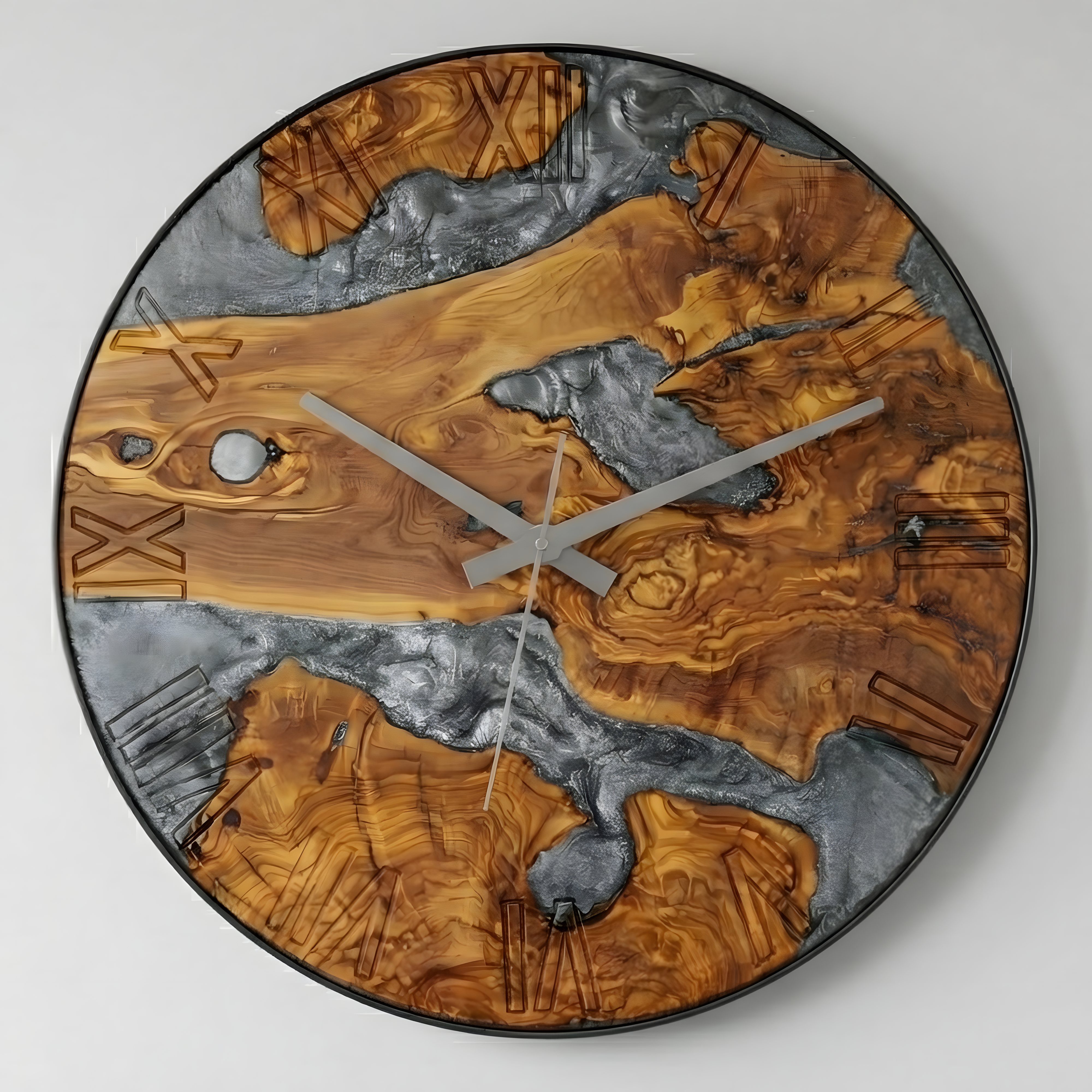 Duvar Saati Zeytin Ağacı Gümüş Epoxy Metal Çemberli Ø 48cm