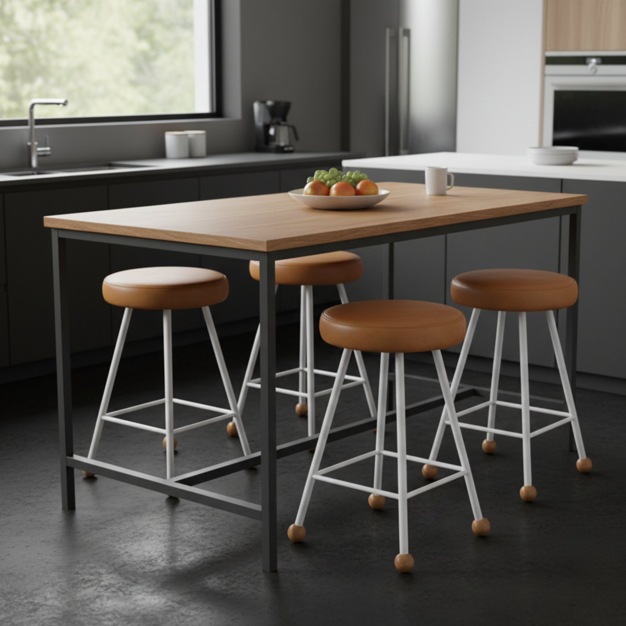 Tabure Deri Döşemeli Kahverengi Metal Ayaklı – 47cm