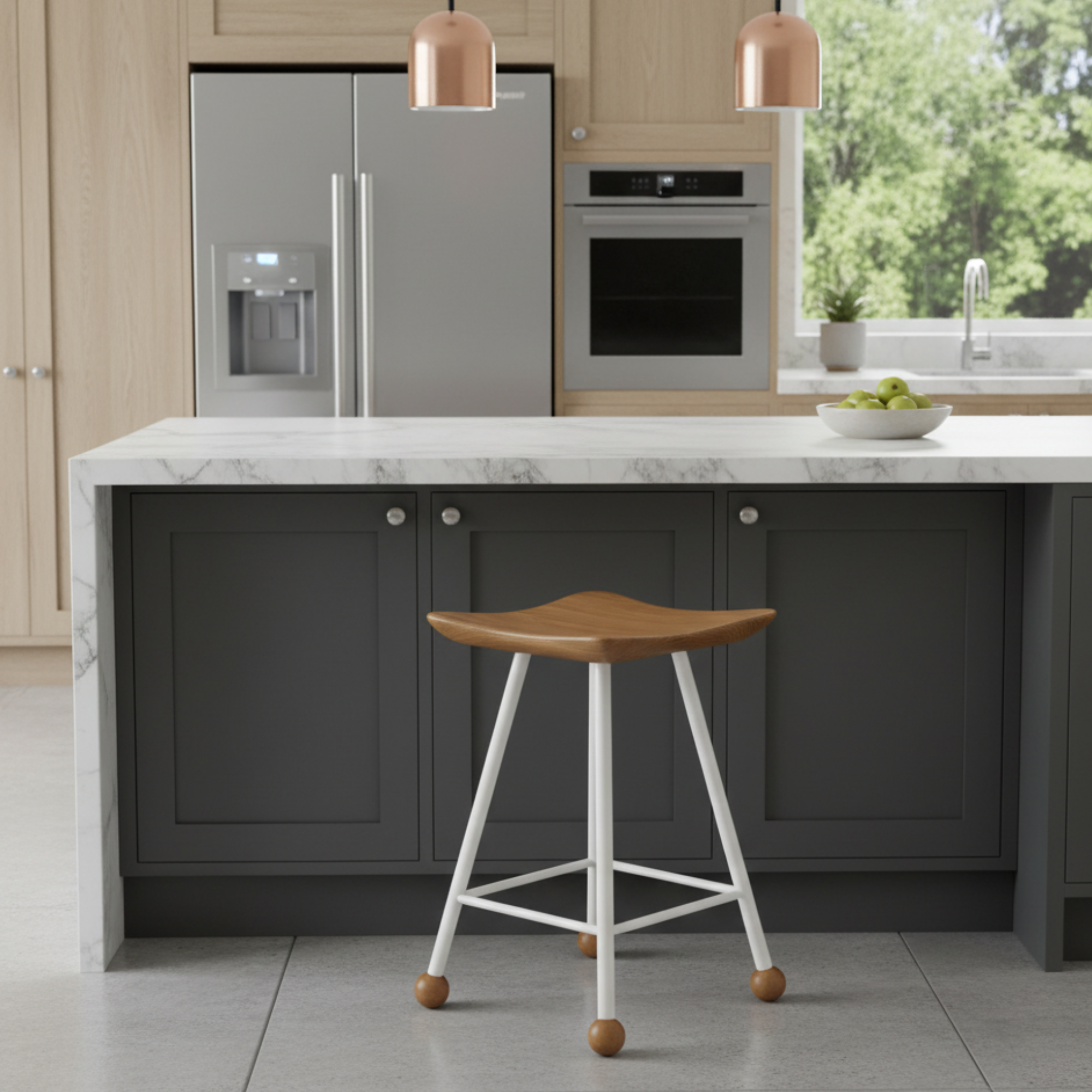 Tabure Ahşap Beyaz Metal Ayaklı – 47cm