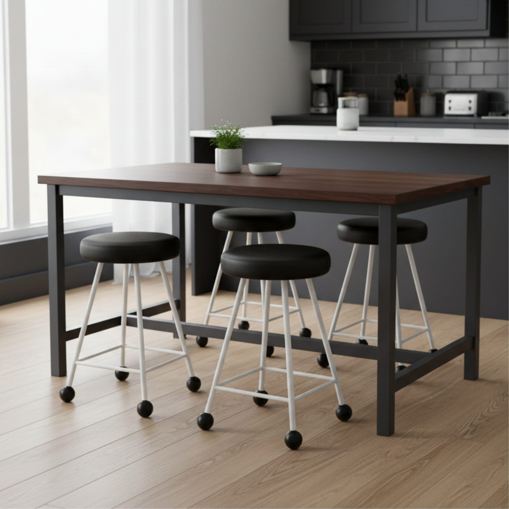 Tabure Deri Döşemeli Siyah Beyaz Metal Ayaklı – 55cm