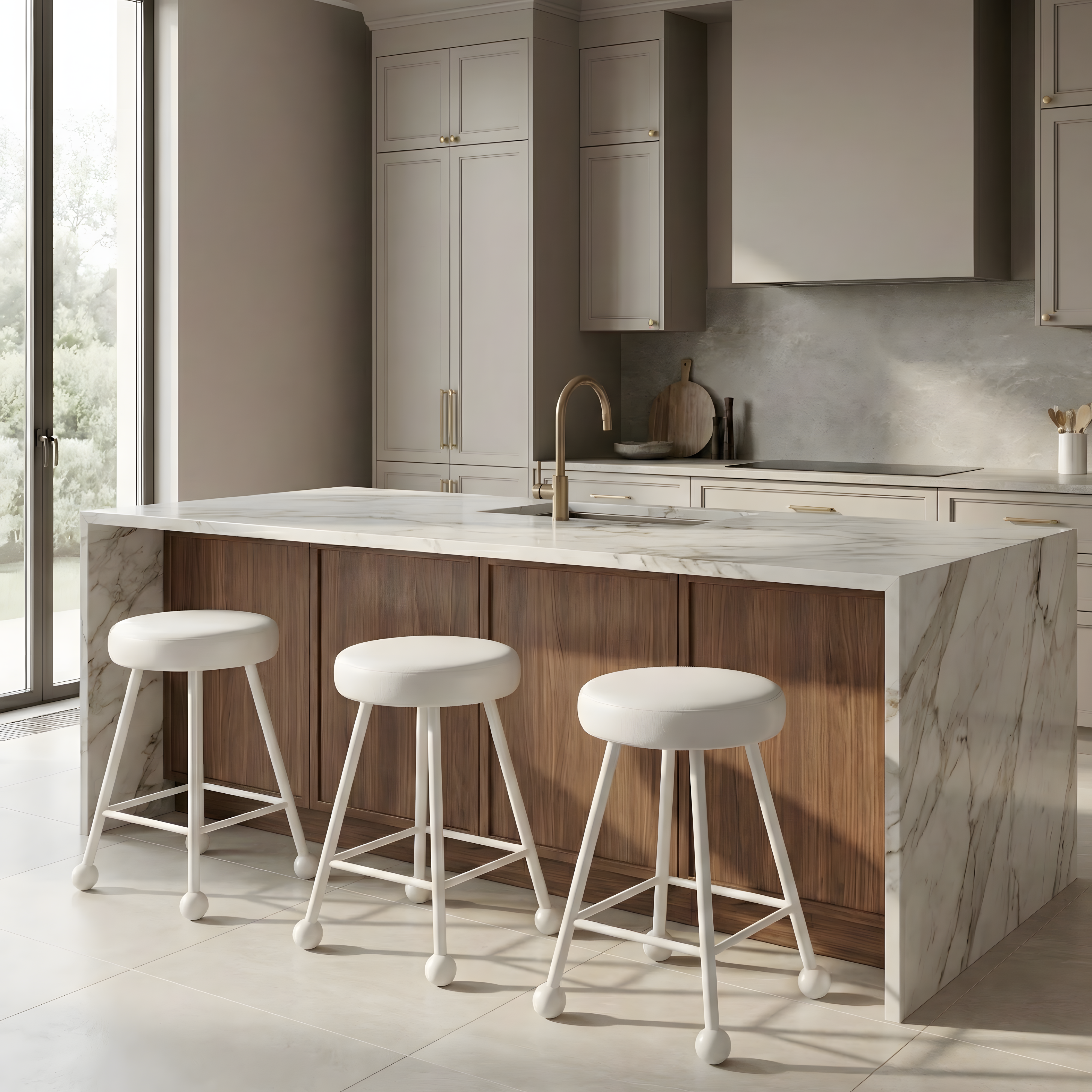 Tabure Deri Döşemeli Bembeyaz Metal Ayaklı – 47cm