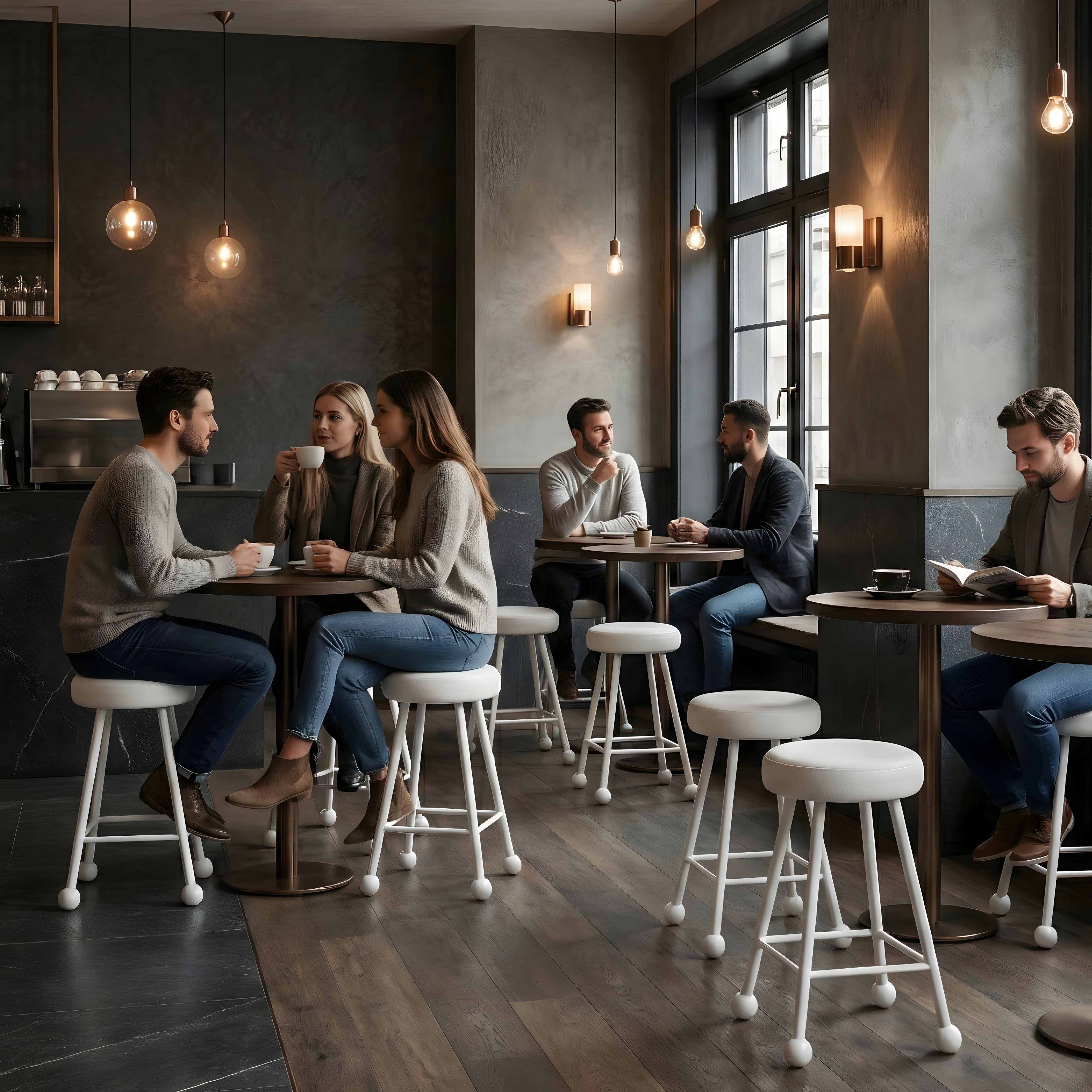 Tabure Deri Döşemeli Bembeyaz Metal Ayaklı – 47cm