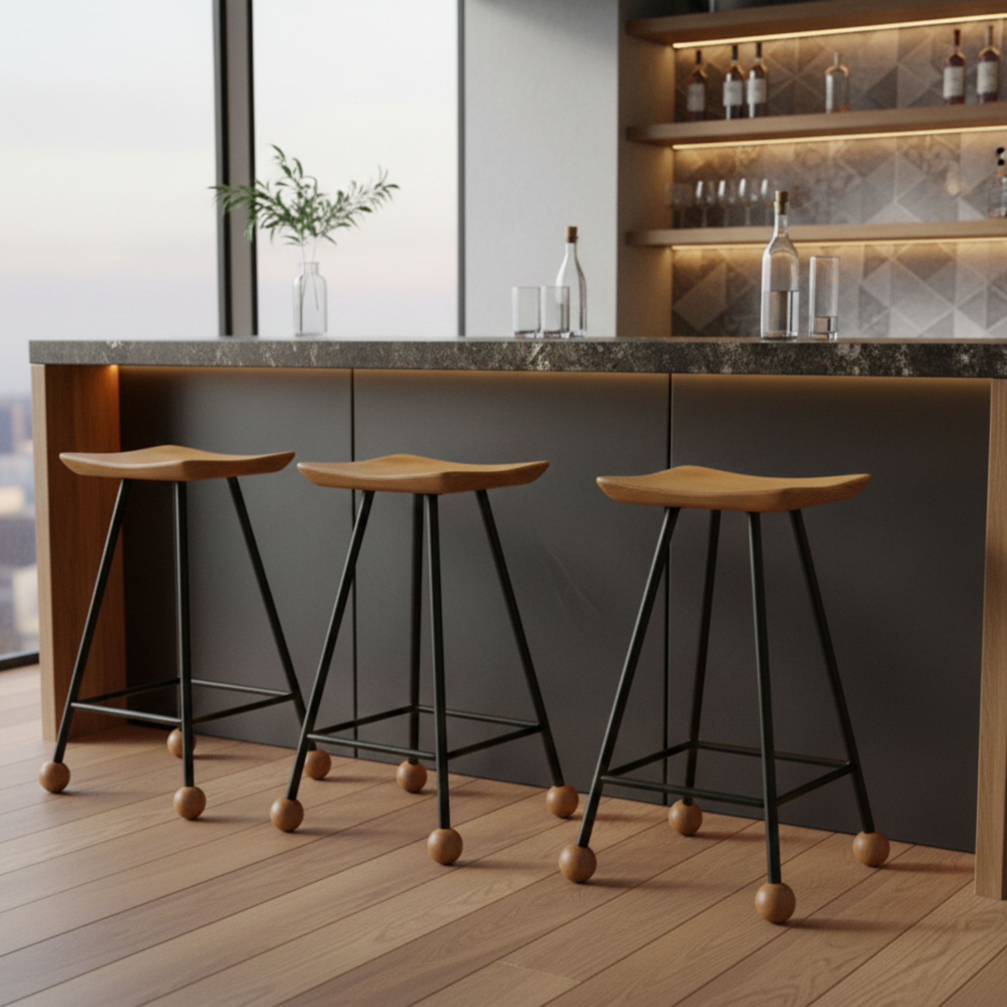 Tabure Ahşap Siyah Metal Ayaklı – 55cm