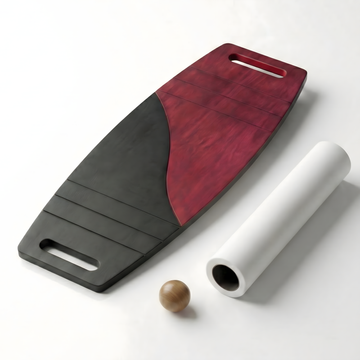 Siyah ve kırmızı renkli, çift fonksiyonlu ahşap roller board ve 3D denge topu seti.