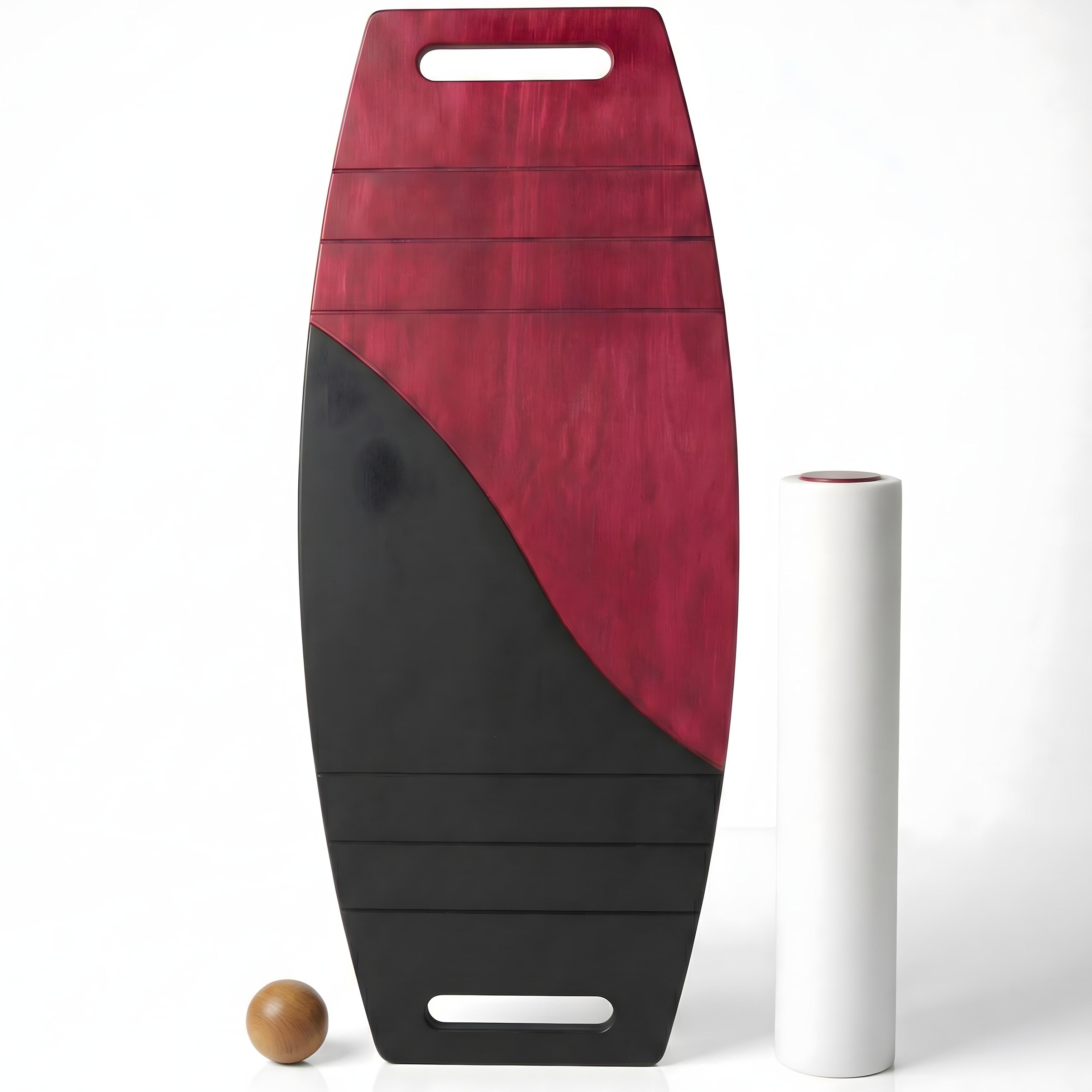 Siyah ve kırmızı renkli, çift fonksiyonlu ahşap roller board ve 3D denge topu seti.