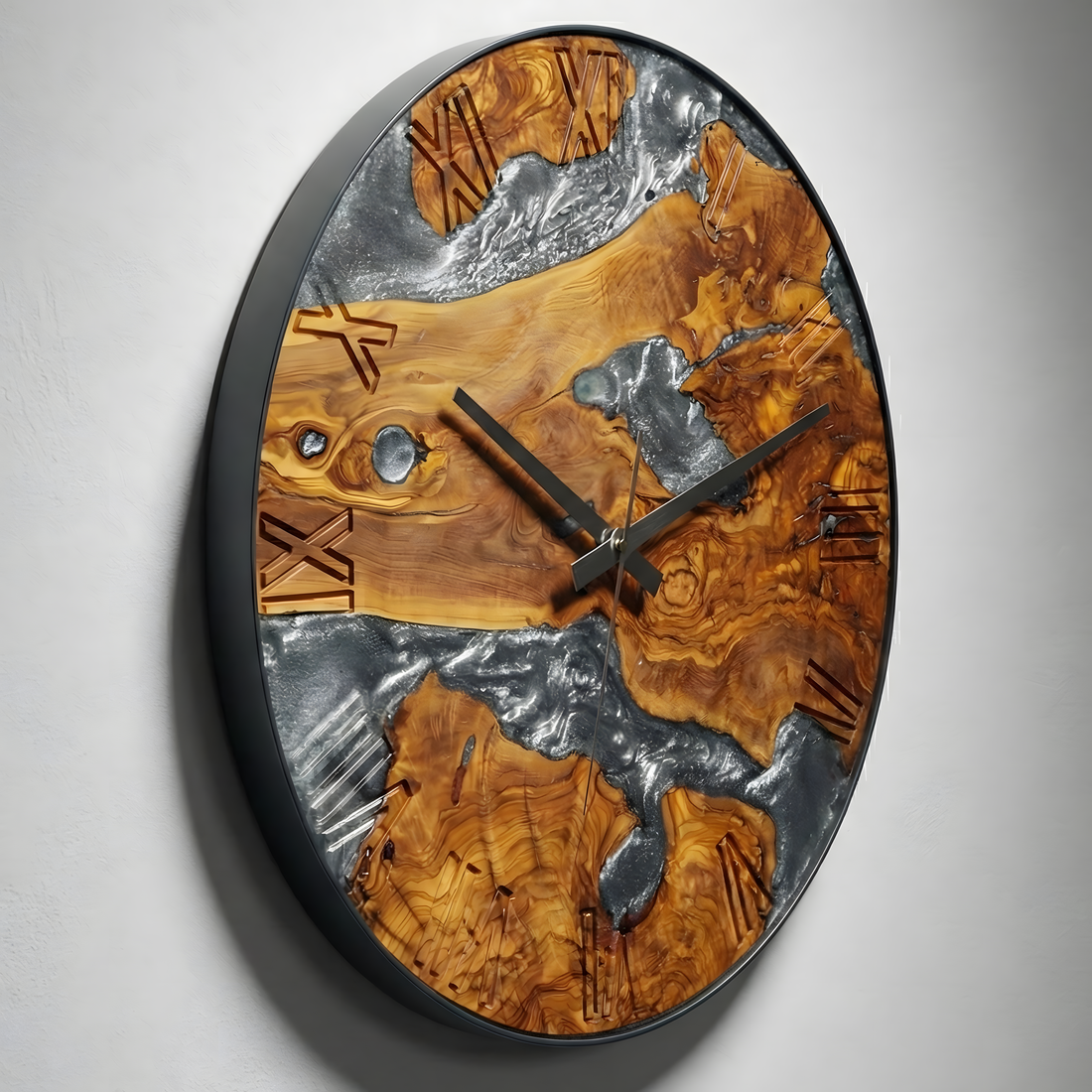 Duvar Saati Zeytin Ağacı Gümüş Epoxy Metal Çemberli Ø 48cm