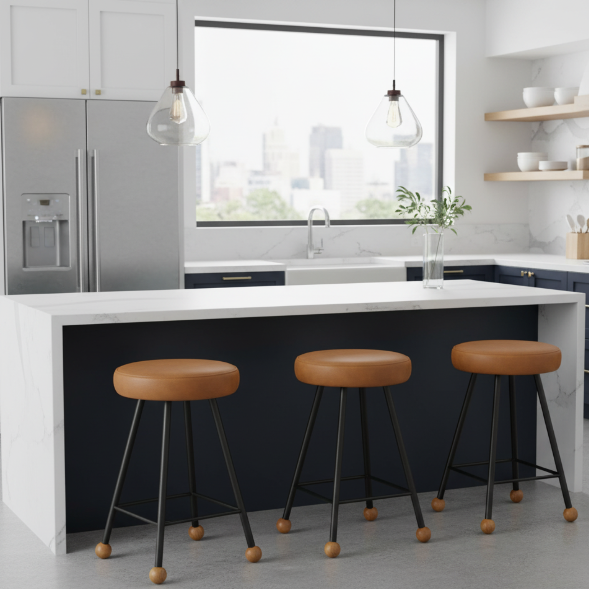 Tabure Deri Döşemeli Kahverengi Metal Ayaklı – 47cm