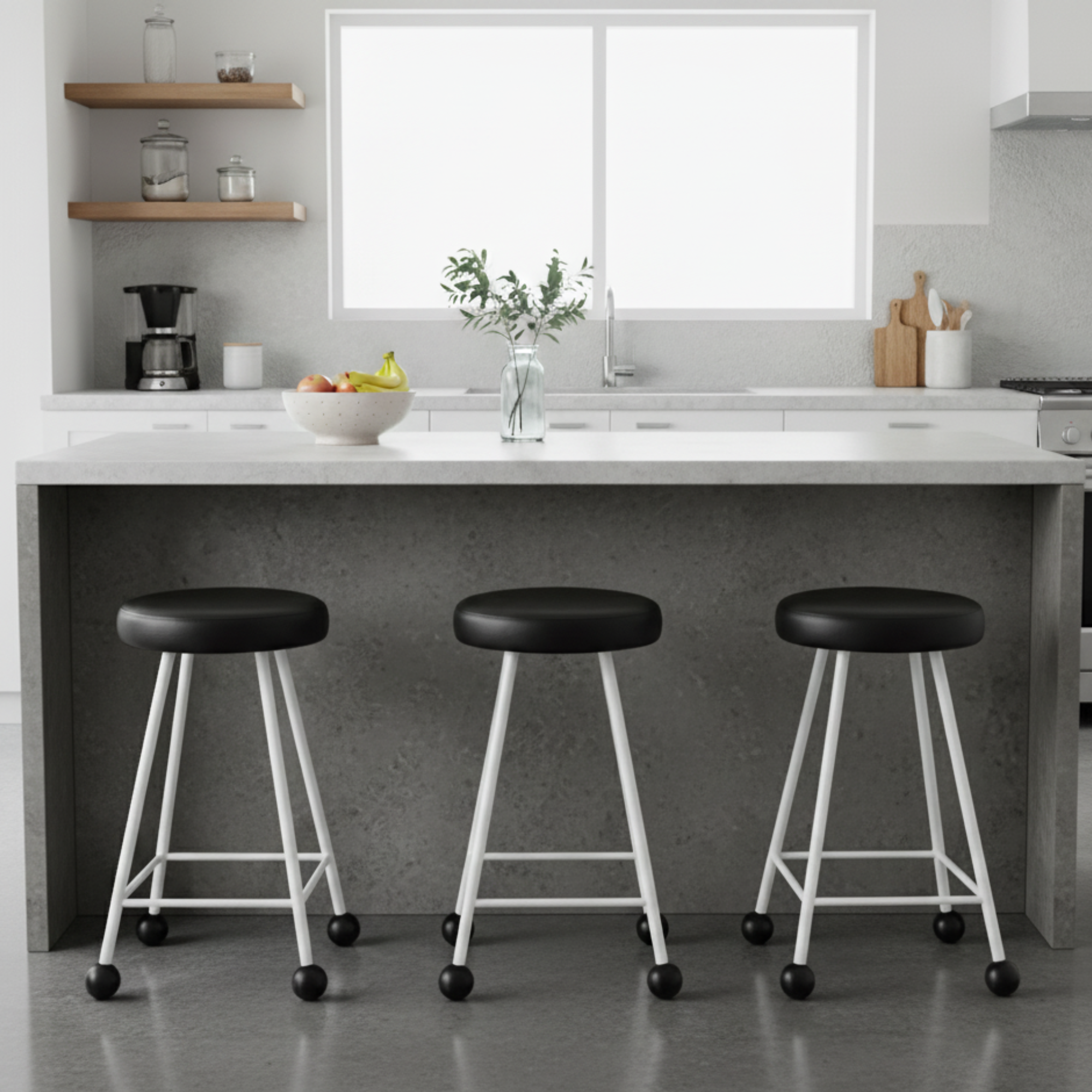 Tabure Deri Döşemeli Siyah Beyaz Metal Ayaklı – 55cm