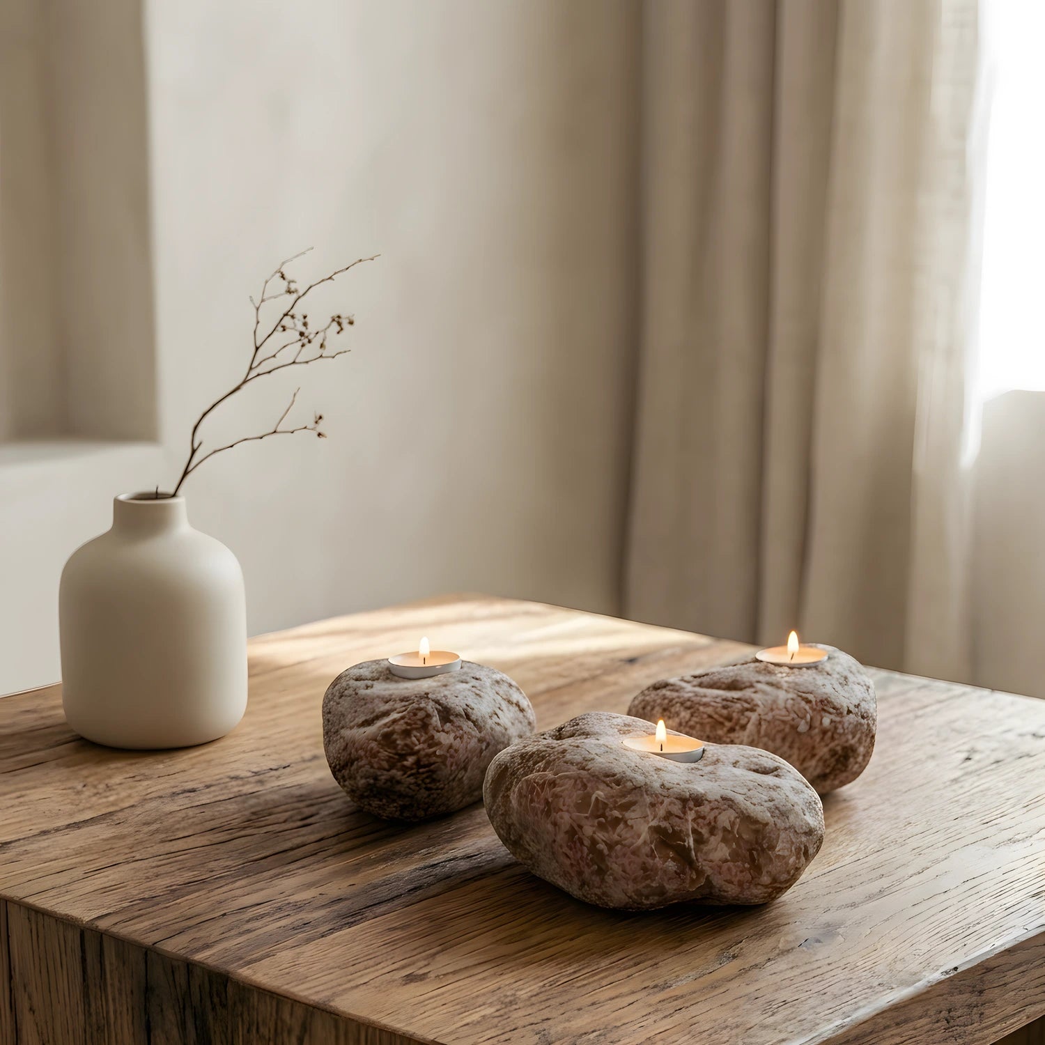 El Yapımı Doğal Taş Rosa Aegean Tealight Mumluk - Dekoratif Taş Şamdan