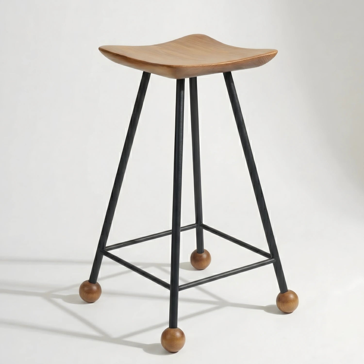 Doğal Ahşap Mutfak ve Makyaj Masası Taburesi - 55 cm Metal Ayaklı