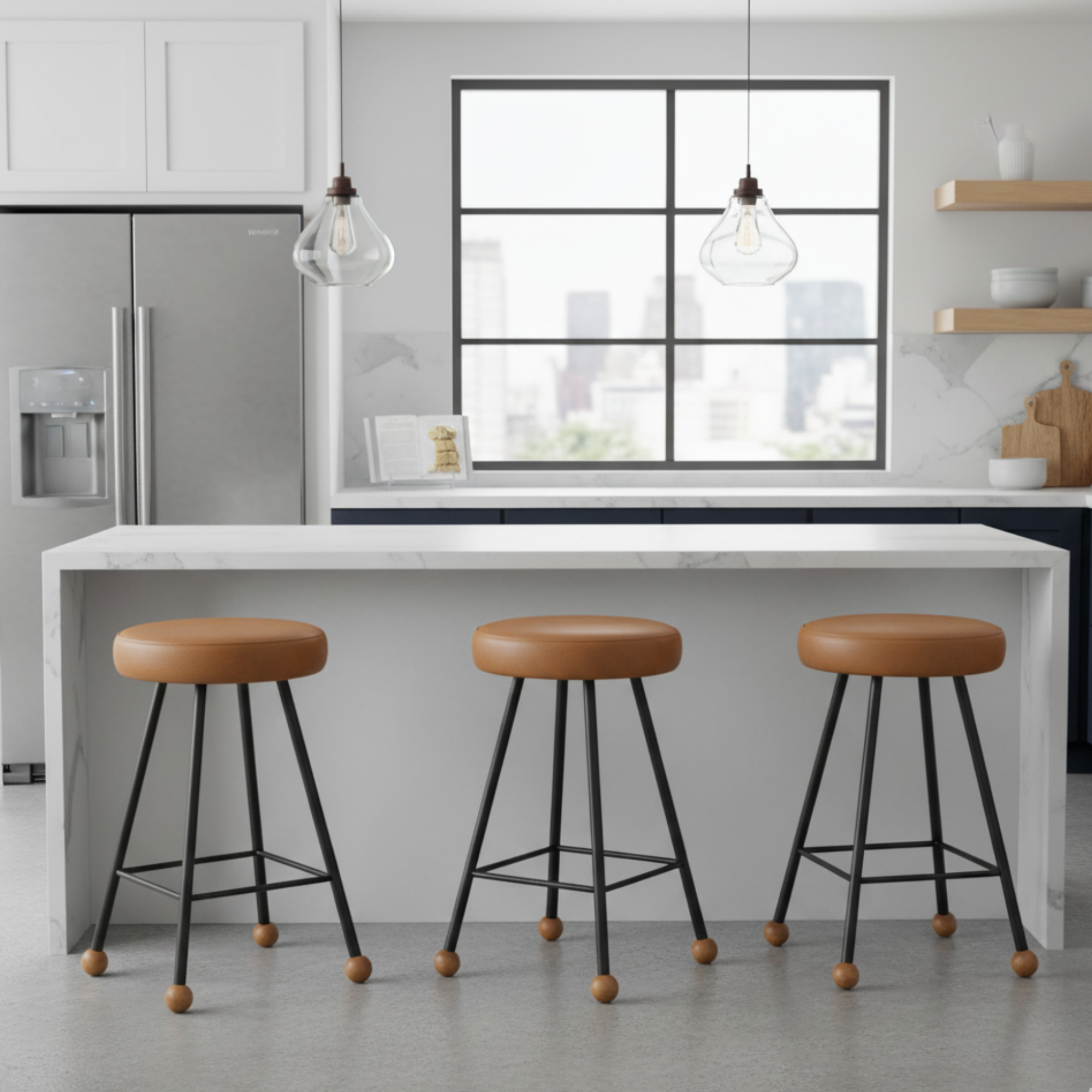 Tabure Deri Döşemeli Kahverengi Metal Ayaklı – 47cm