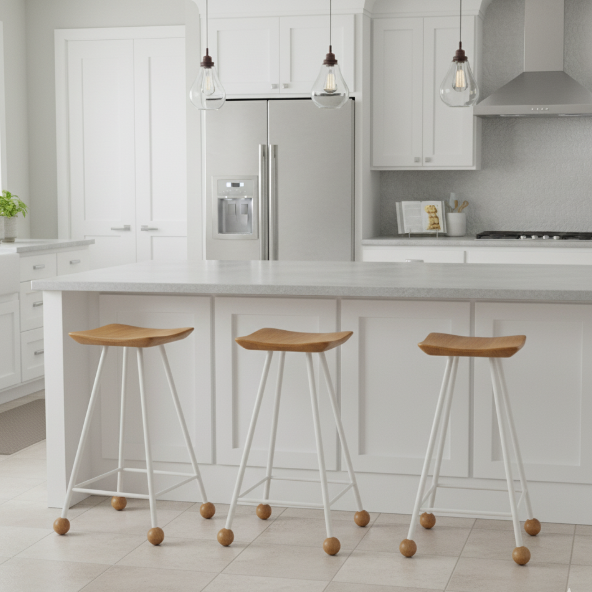 Bar Taburesi Ahşap Beyaz Metal Ayaklı – 65cm