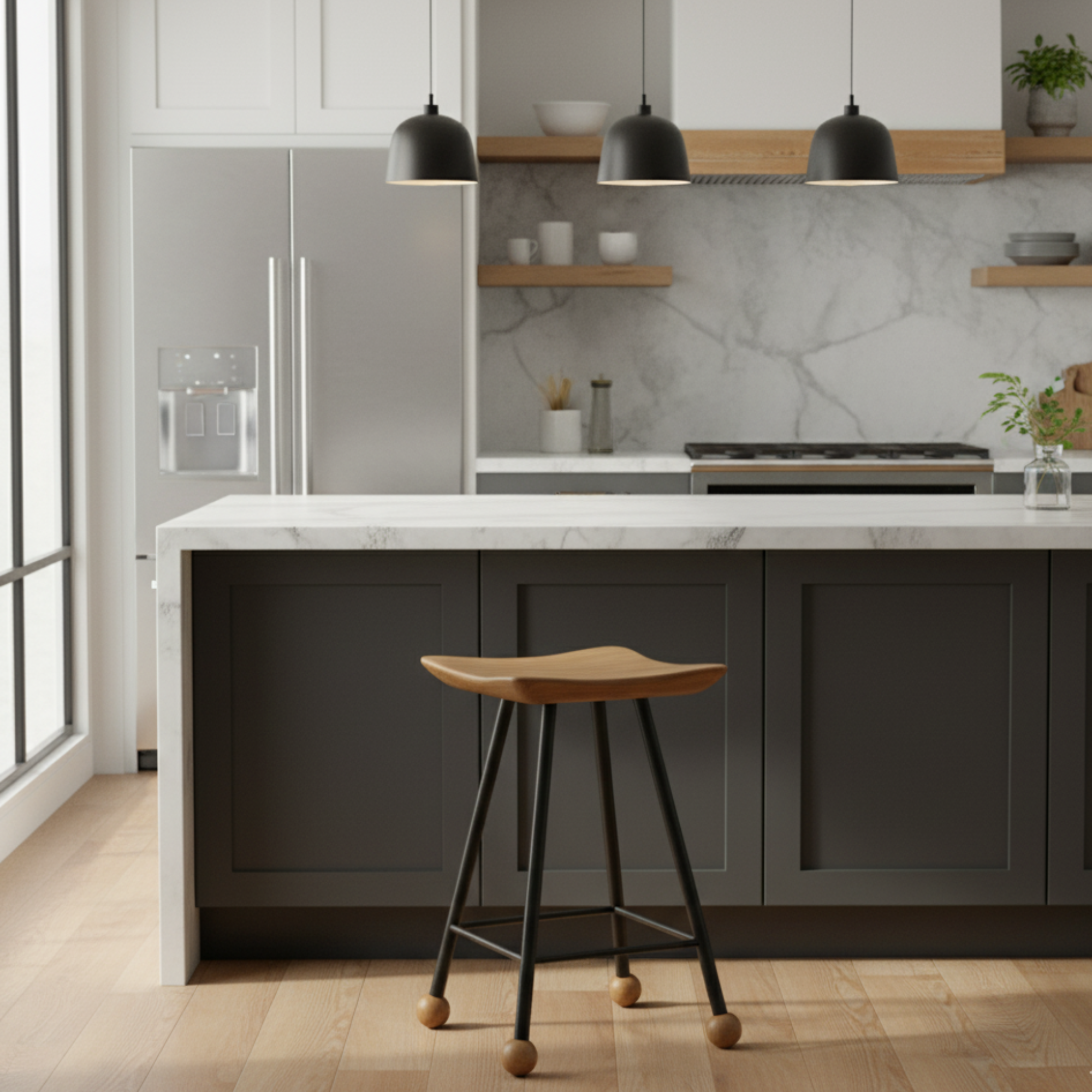 Tabure Ahşap Siyah Metal Ayaklı – 47cm