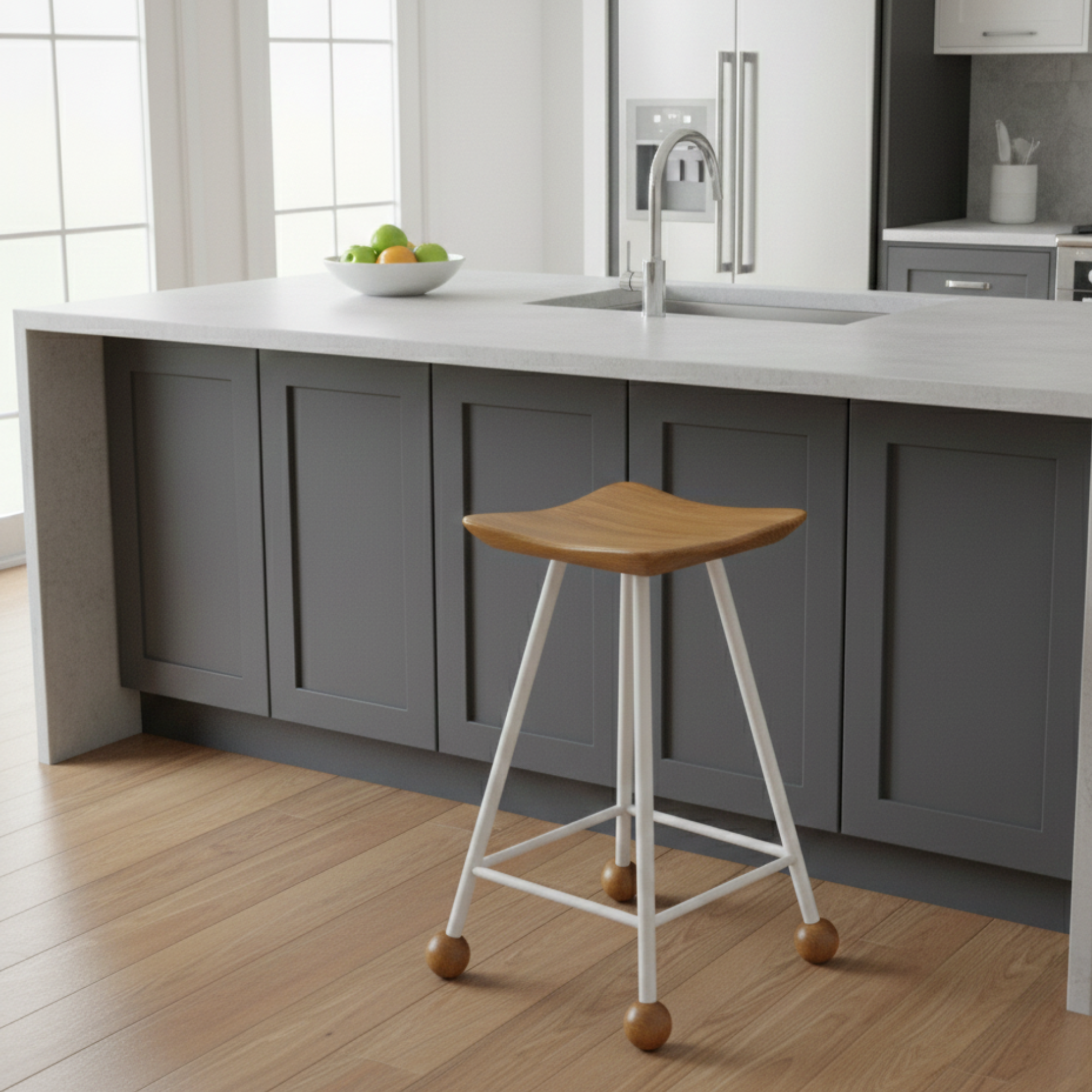 Tabure Ahşap Beyaz Metal Ayaklı – 55cm