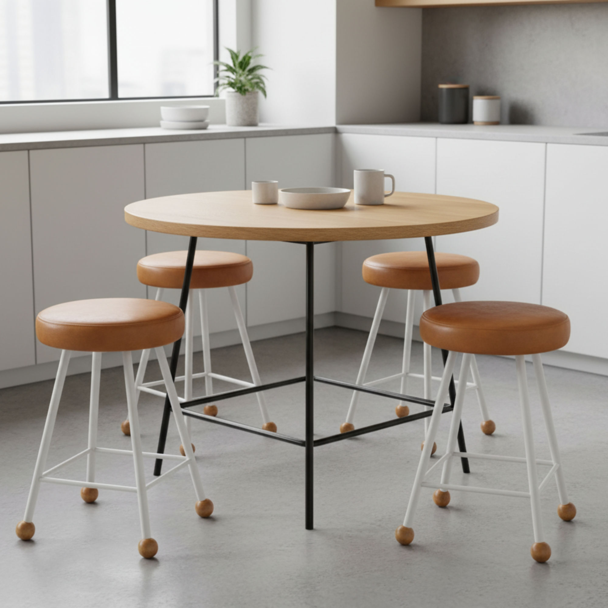 Tabure Deri Döşemeli Kahverengi Metal Ayaklı – 47cm