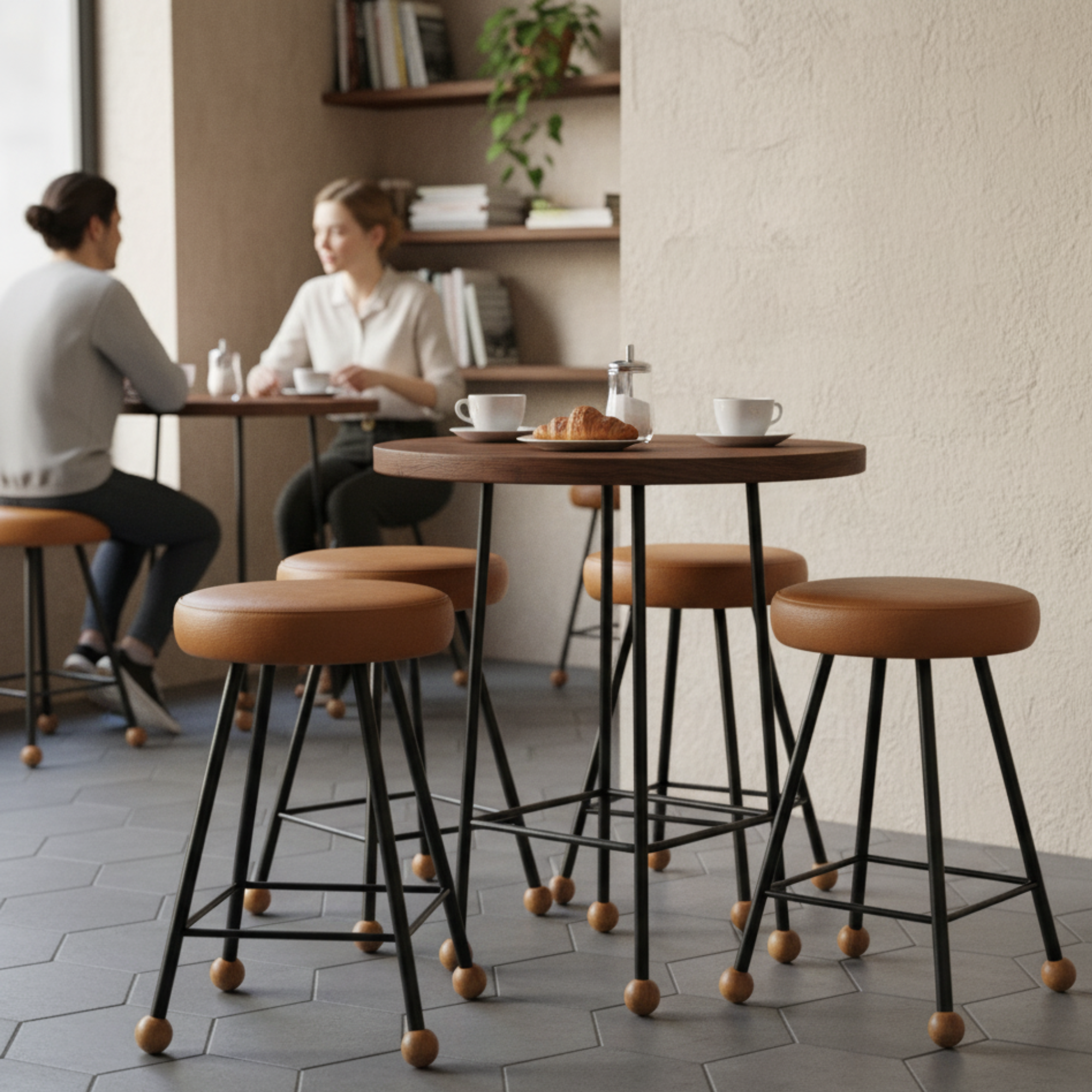 Tabure Deri Döşemeli Kahverengi Metal Ayaklı – 47cm