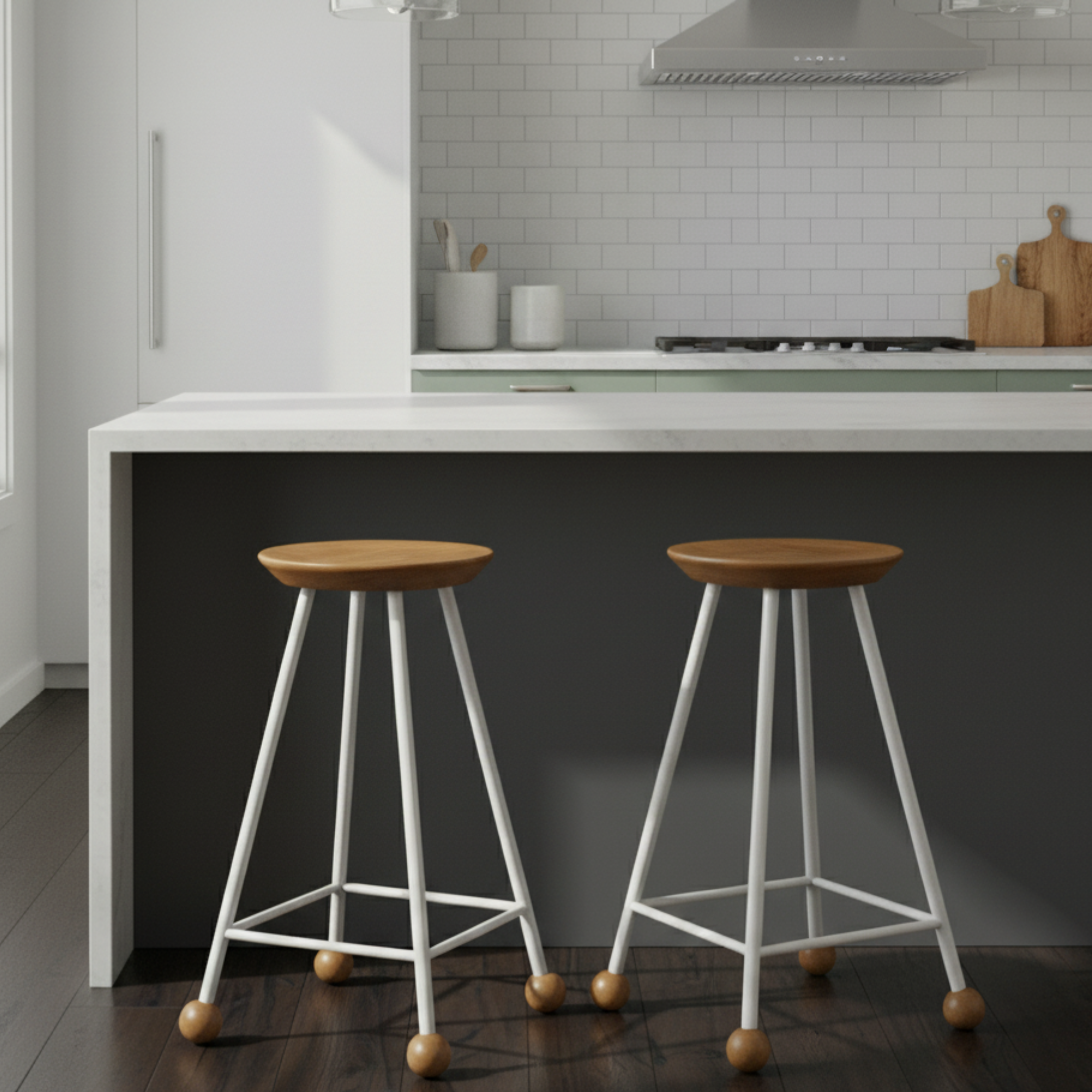 Bar Taburesi Ahşap Beyaz Metal Ayaklı – 65cm