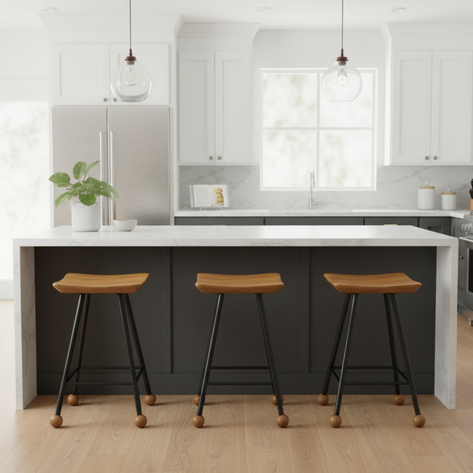 Tabure Ahşap Siyah Metal Ayaklı – 47cm