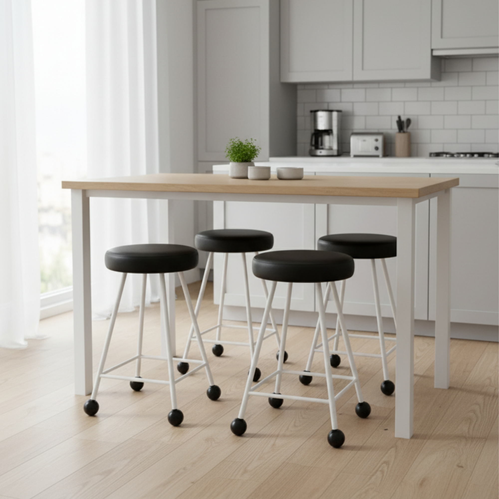 Tabure Deri Döşemeli Siyah Beyaz Metal Ayaklı – 55cm