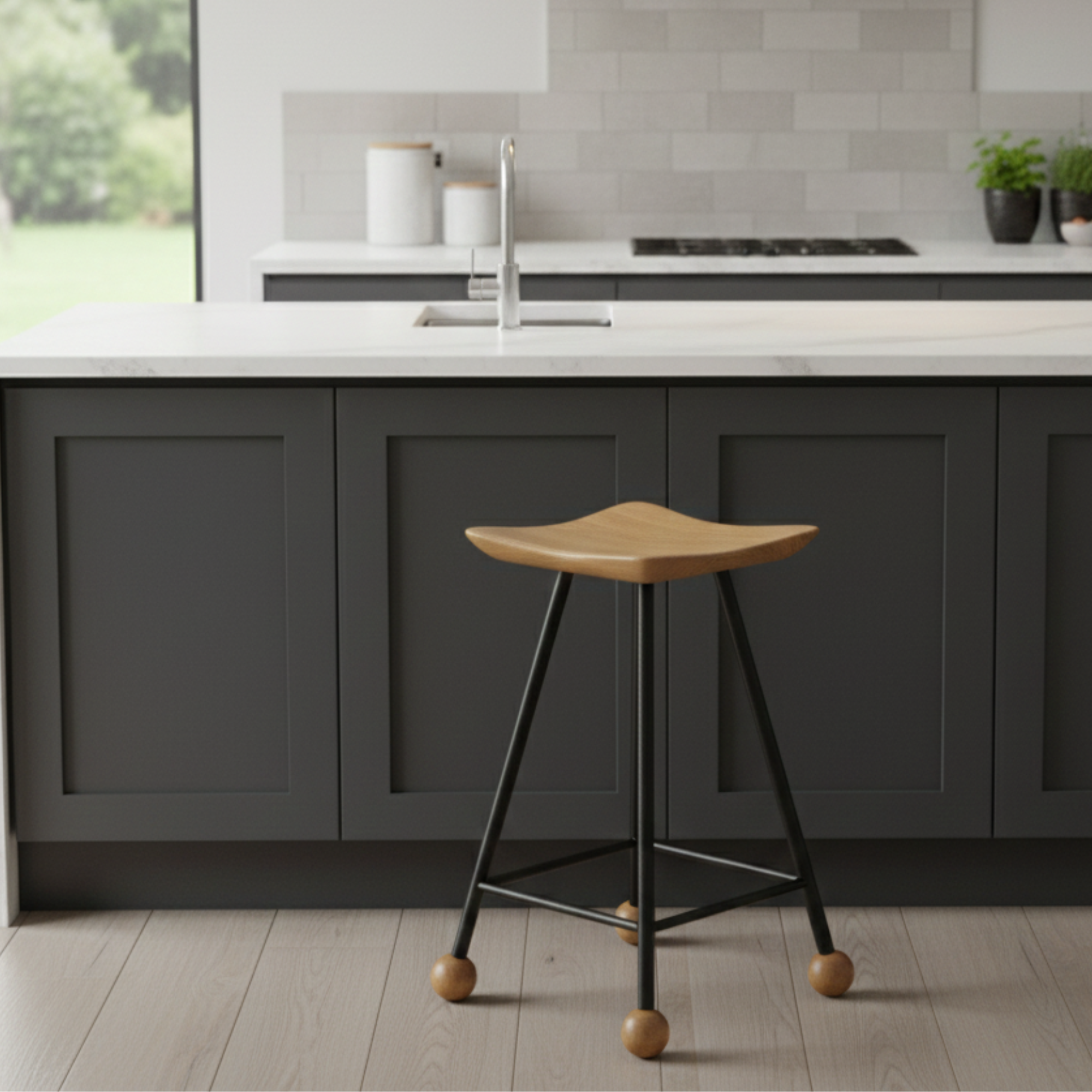 Tabure Ahşap Siyah Metal Ayaklı – 55cm