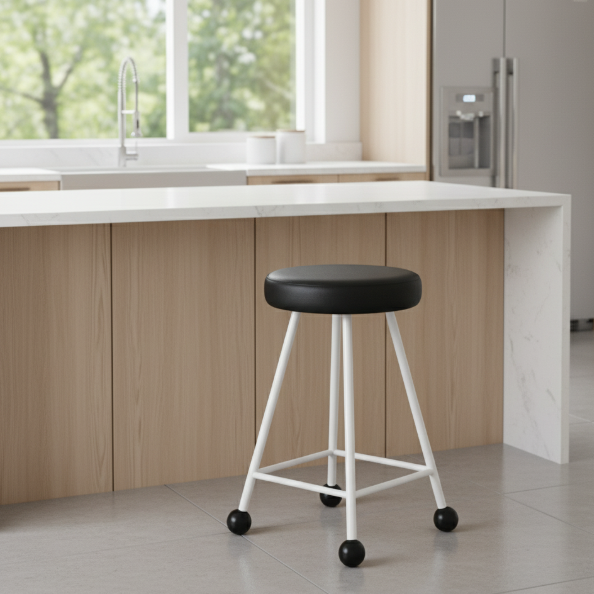 Tabure Deri Döşemeli Siyah Beyaz Metal Ayaklı – 55cm