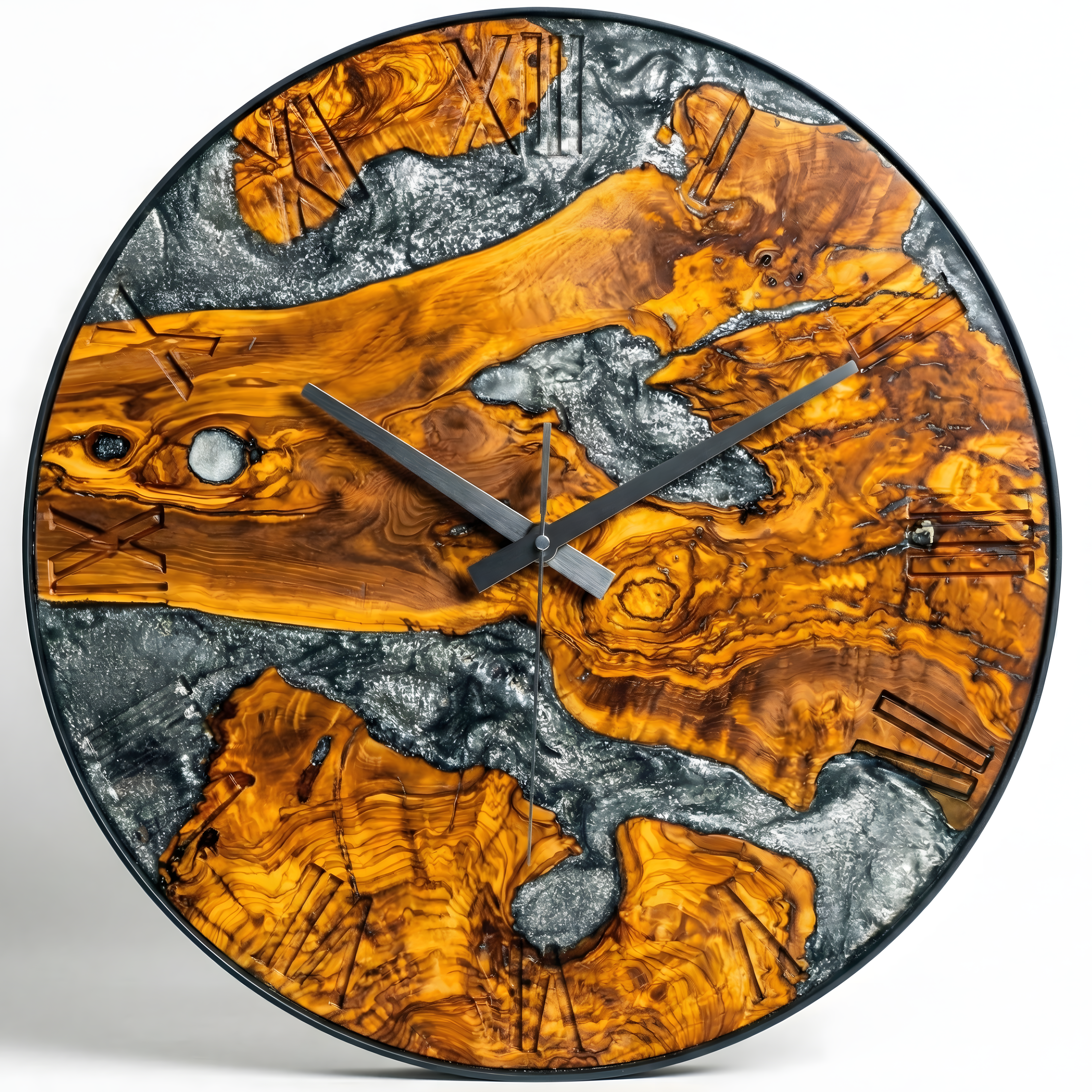 Duvar Saati Zeytin Ağacı Gümüş Epoxy Metal Çemberli Ø 48cm