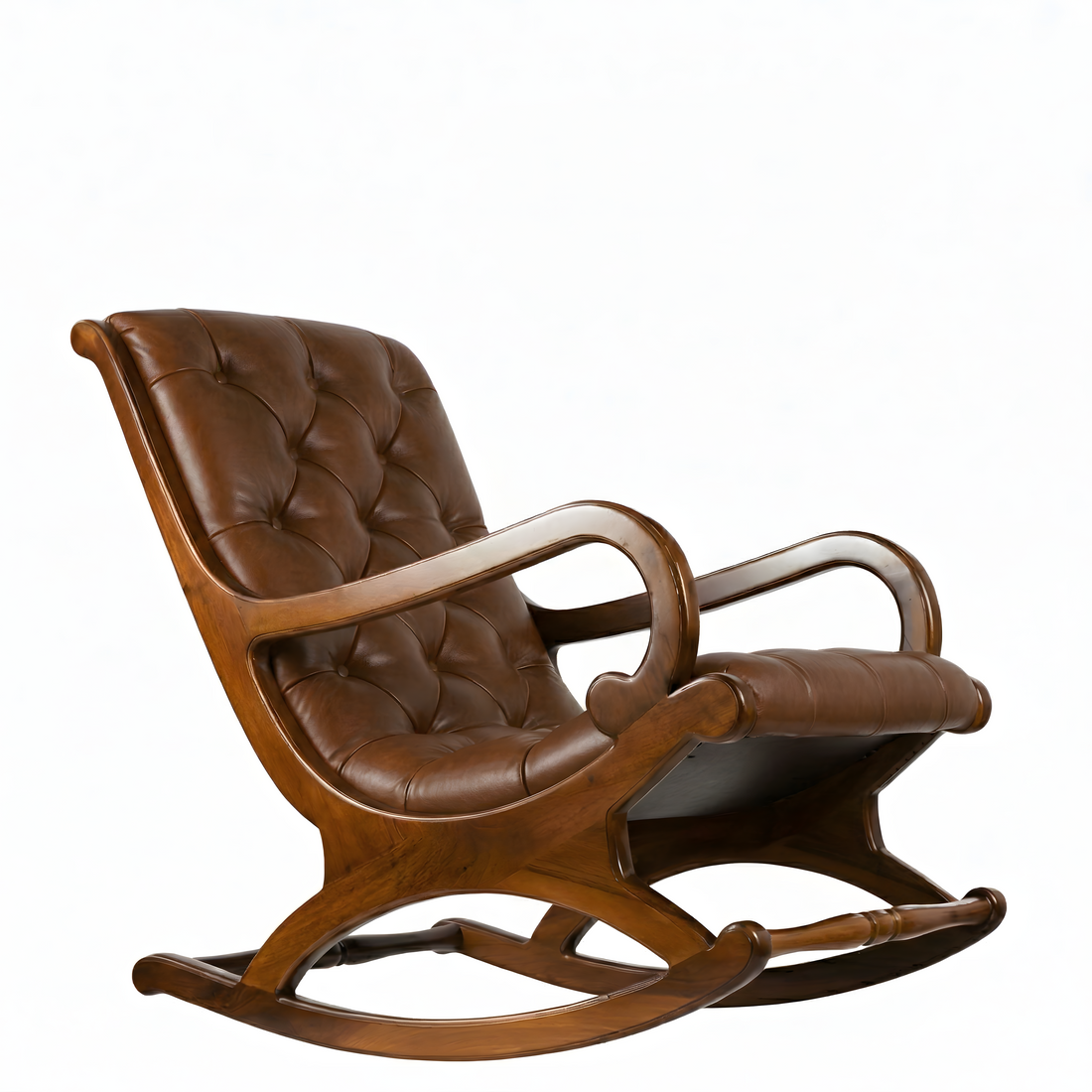 Beyaz arka planda sergilenen, ceviz masif ahşap iskeletli ve siyah renk kapitone deri döşemeli el yapımı sallanan sandalye.