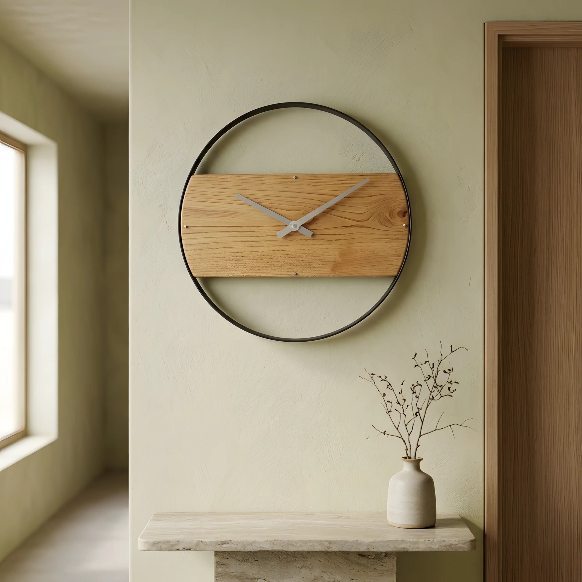 Minimal iç mekanda dekoratif görünüm sunan 48 cm kestane ağacı metal çerçeveli duvar saati