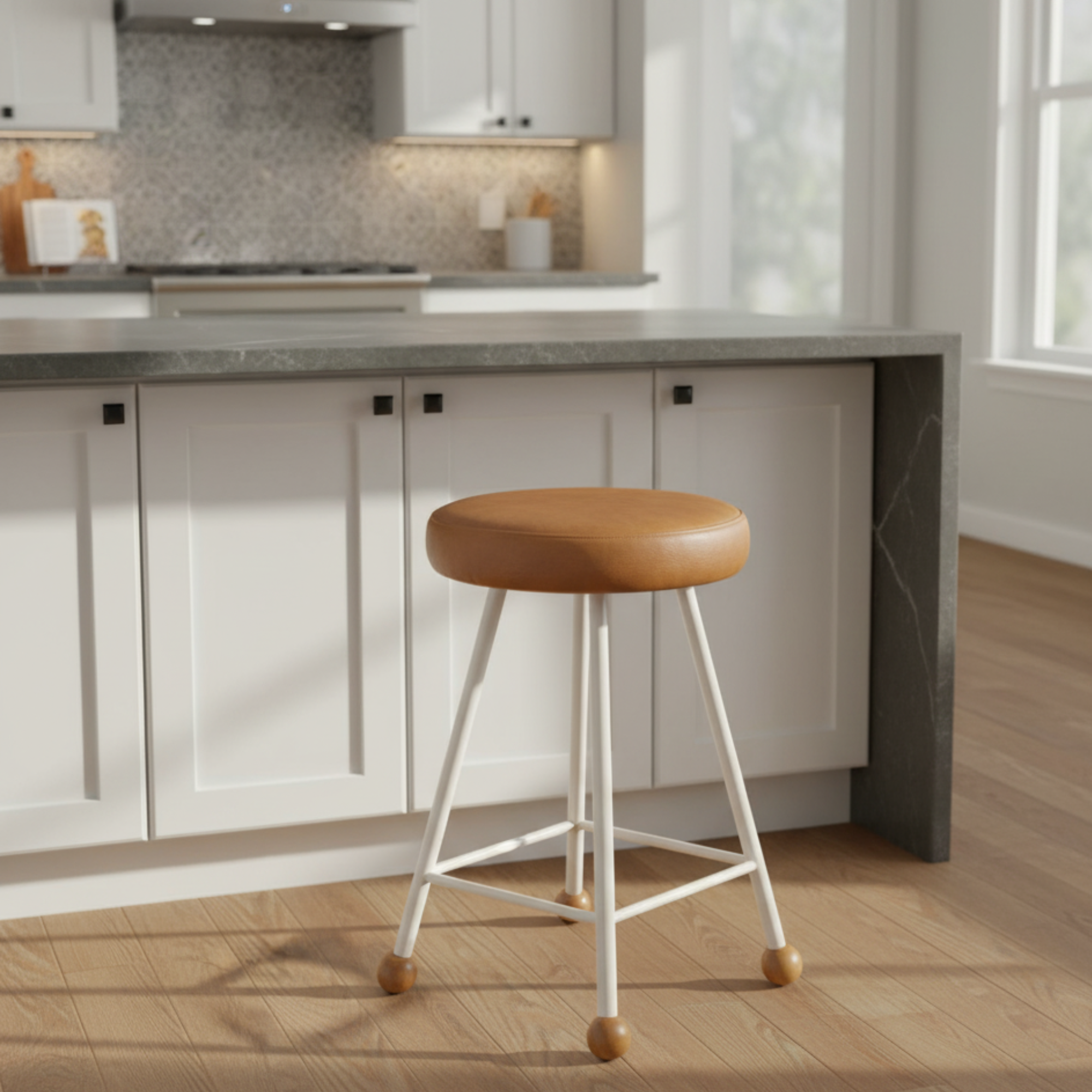 Tabure Deri Döşemeli Kahverengi Metal Ayaklı – 47cm