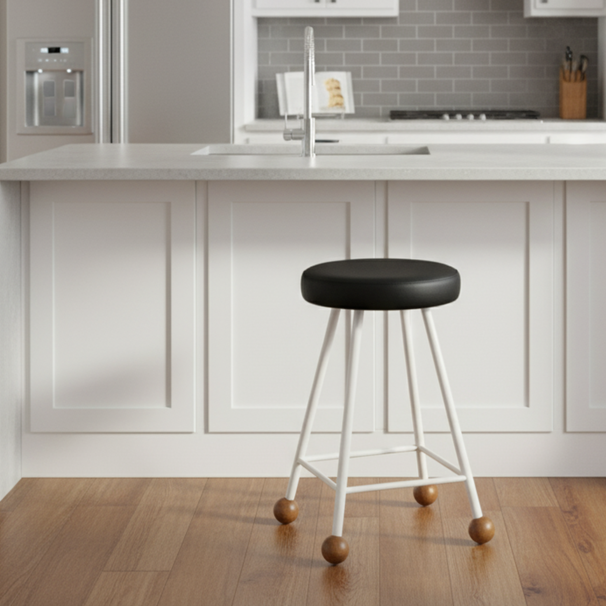 Tabure Deri Döşemeli Beyaz Metal Ayaklı – 55cm