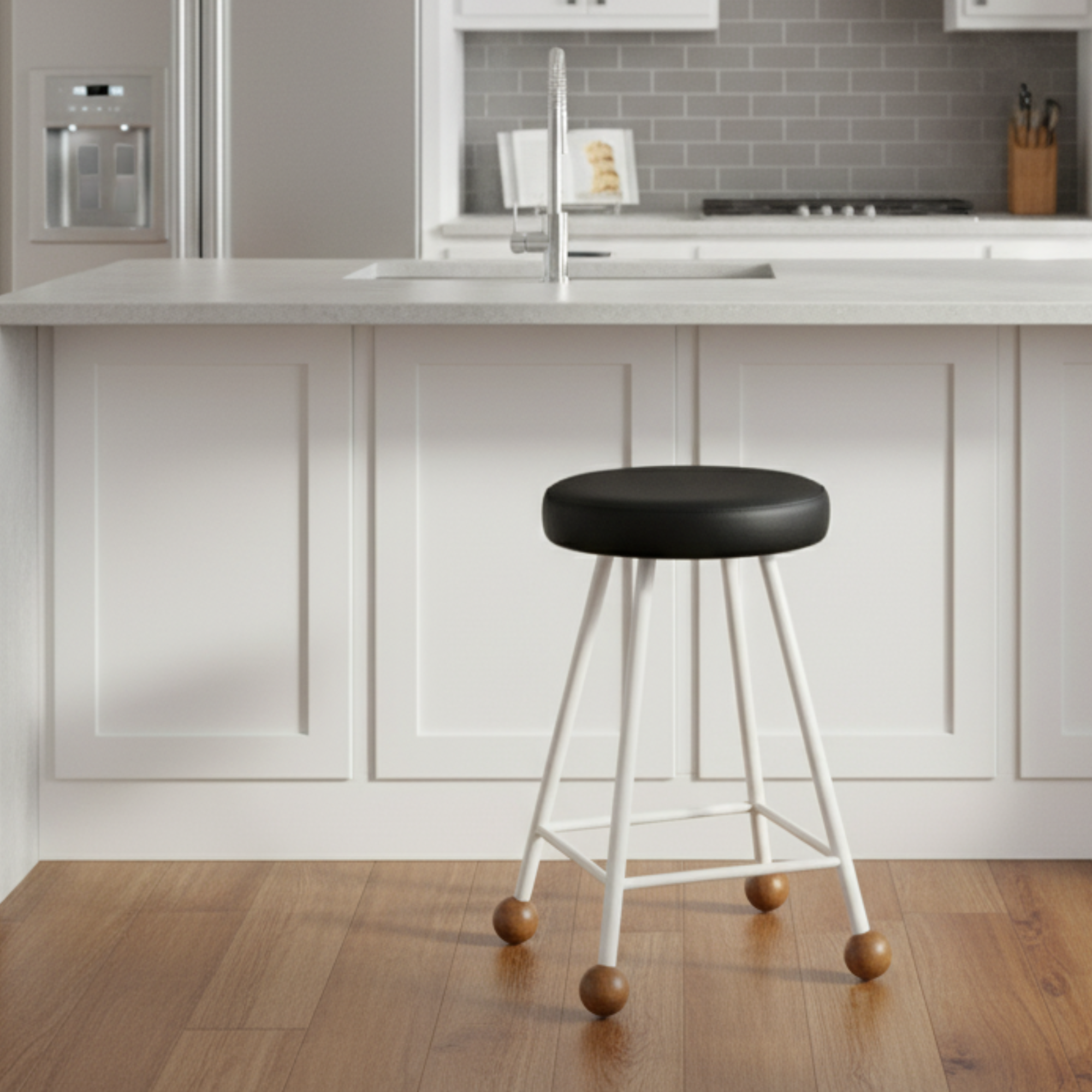 Tabure Deri Döşemeli Beyaz Metal Ayaklı – 55cm