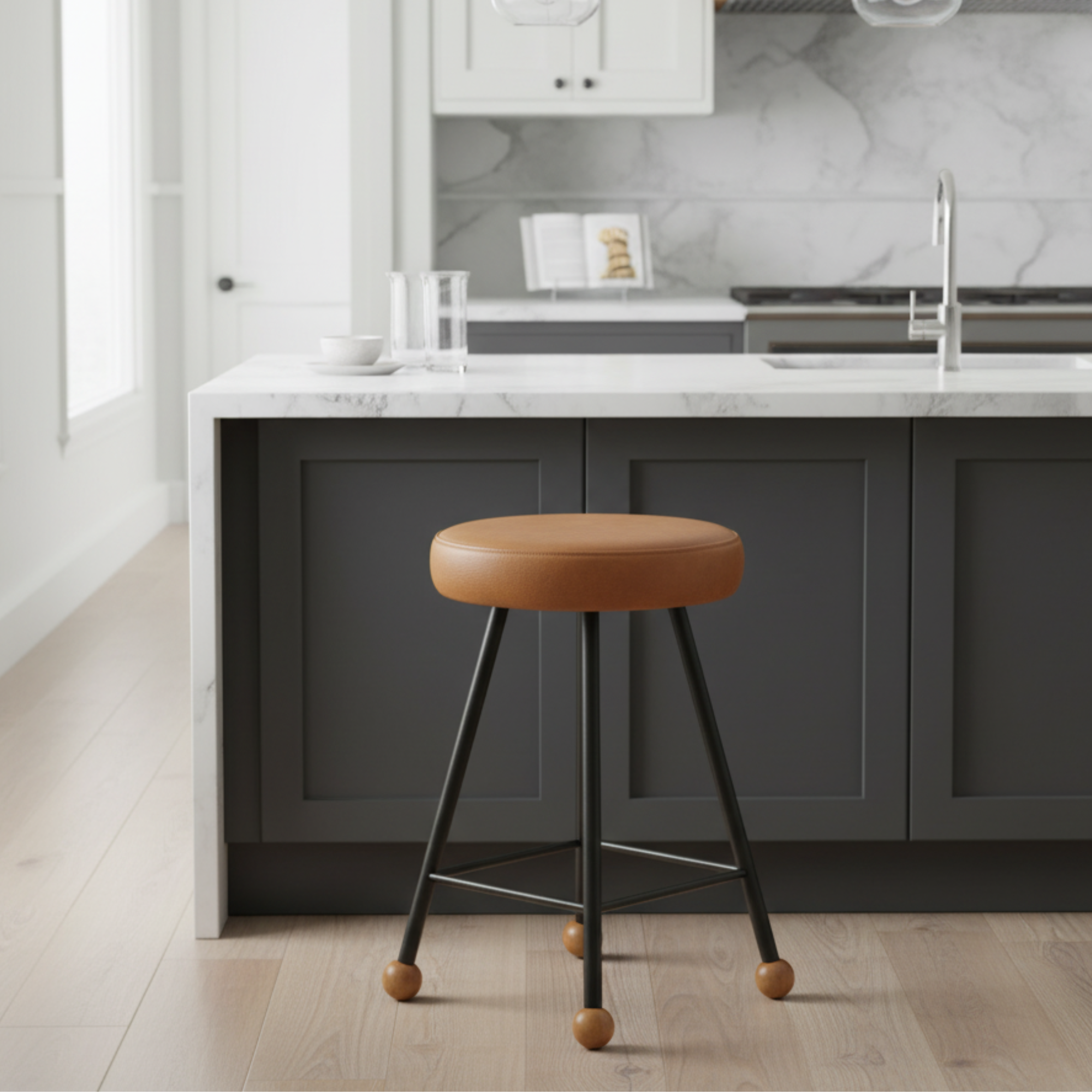 Tabure Deri Döşemeli Kahverengi Metal Ayaklı – 47cm