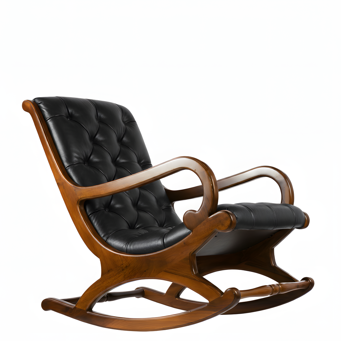 Beyaz arka planda sergilenen, ceviz masif ahşap iskeletli ve siyah renk kapitone deri döşemeli el yapımı sallanan sandalye.