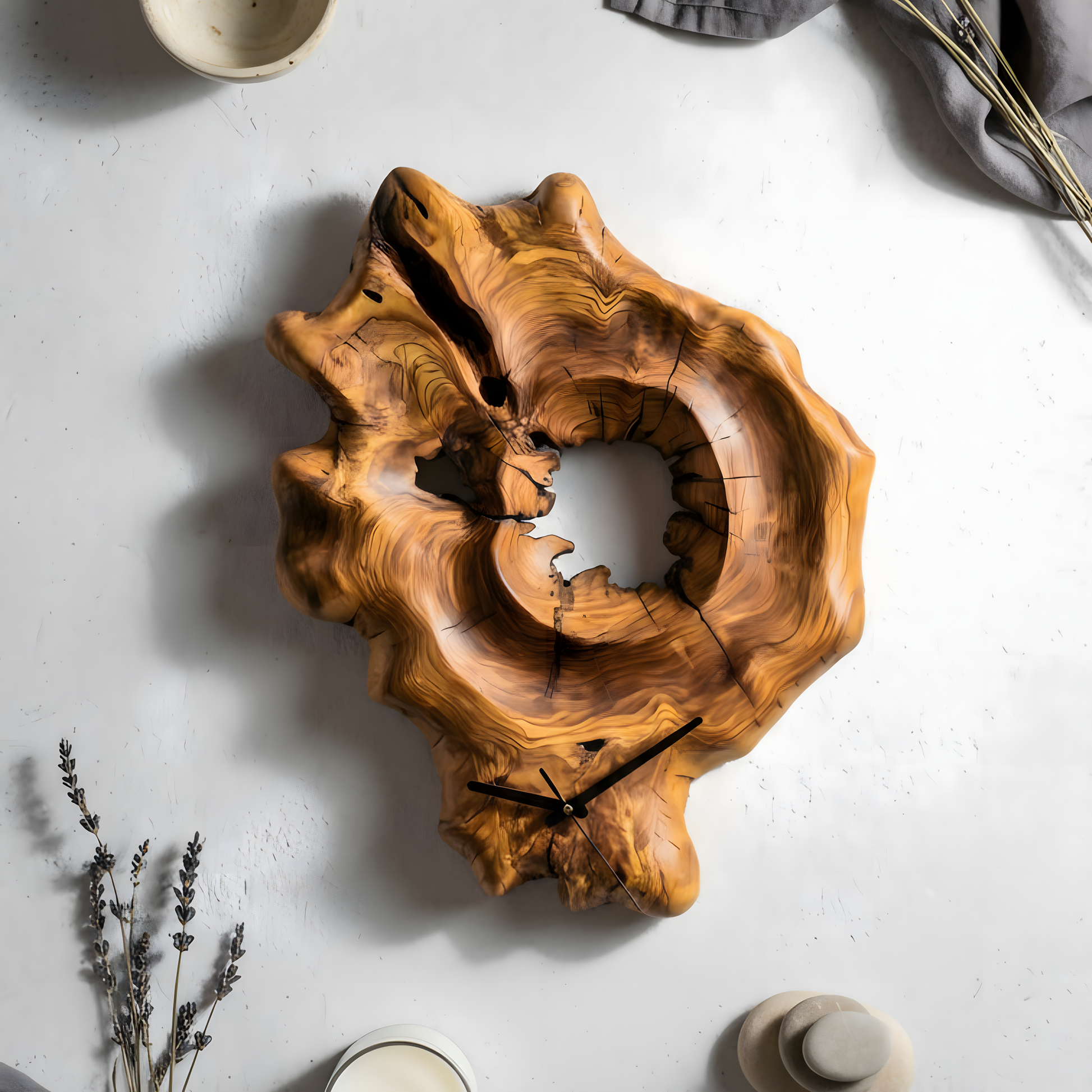 Wood Stone Art el yapımı doğal zeytin ağacı 3D duvar saati