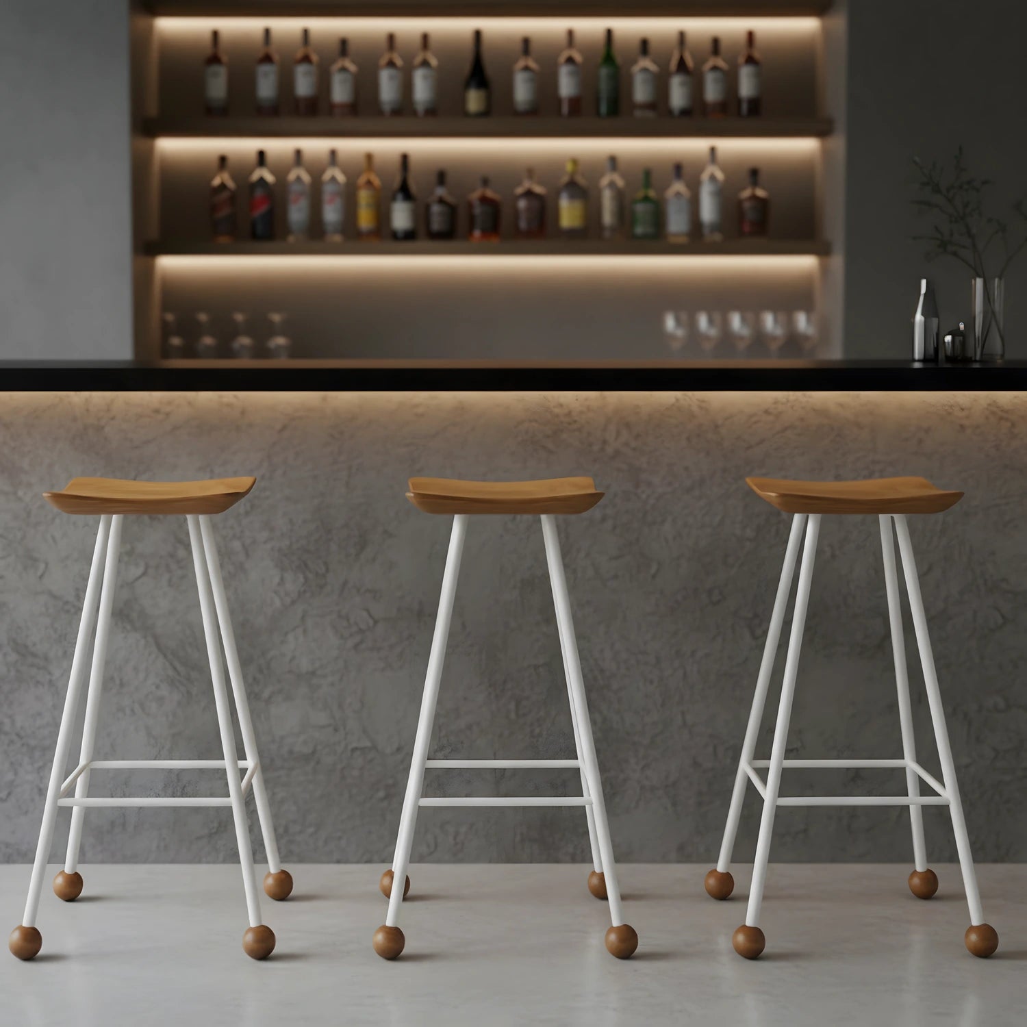 Ahşap bar taburesi beyaz metal ayaklı bar tezgahı ve restoran kullanımı